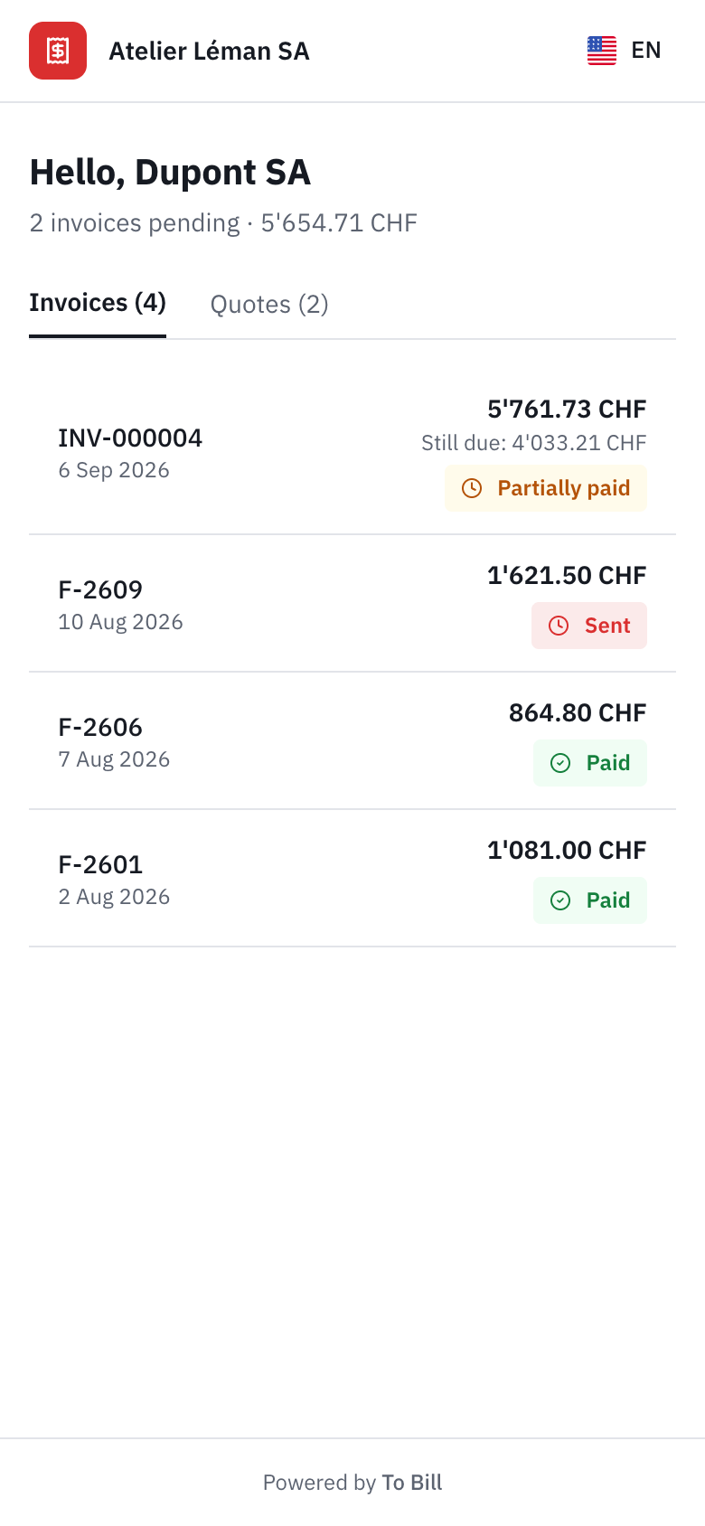 The client portal on a phone, with the list of invoices.