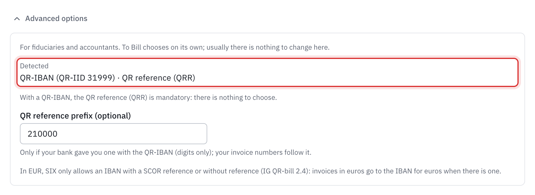 The advanced options opened for a QR-IBAN: the detected type QR-IBAN (QR-IID 31999) with the QR reference (QRR), the QR reference prefix and the rule for euros.