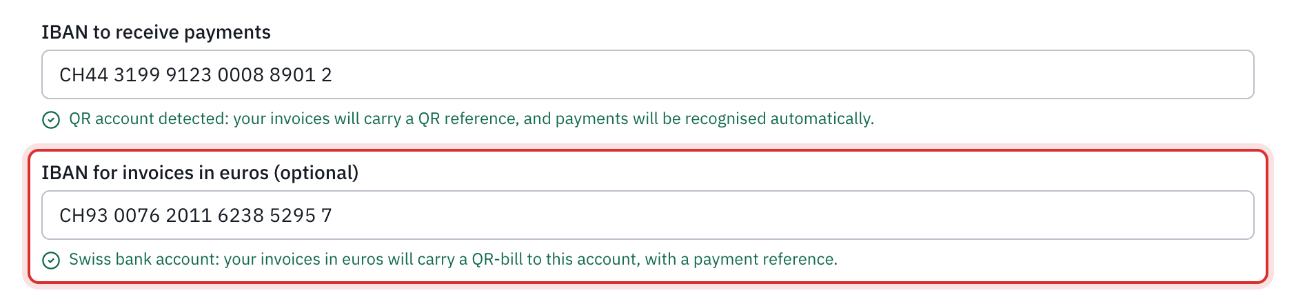 The IBAN for invoices in euros field filled in, and the green line: Swiss bank account, your invoices in euros will carry a QR-bill to this account, with a payment reference.