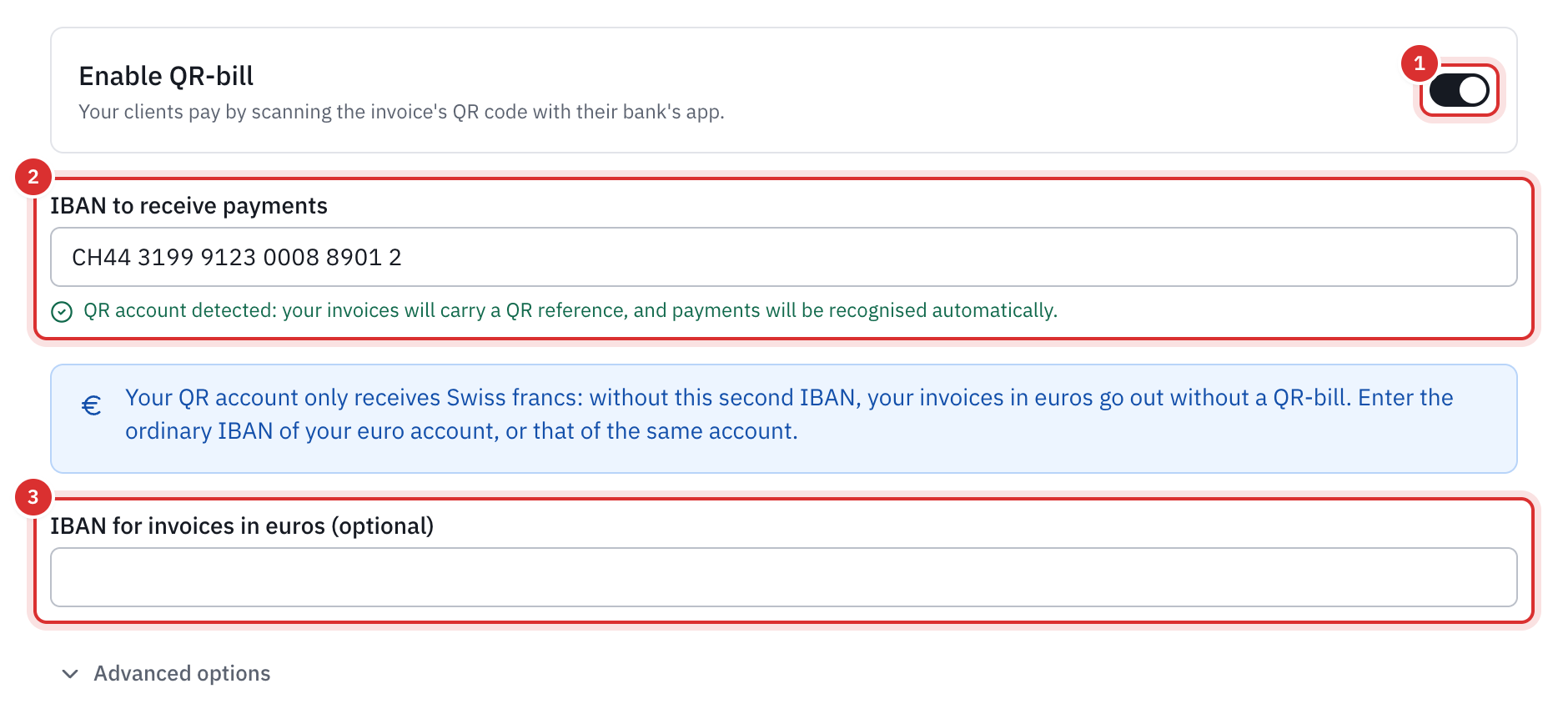 The QR Invoice section of the settings: the Enable QR invoice switch, the QR-IBAN in IBAN to receive payments, the QR account detected line, the note about euros and the IBAN for invoices in euros field.