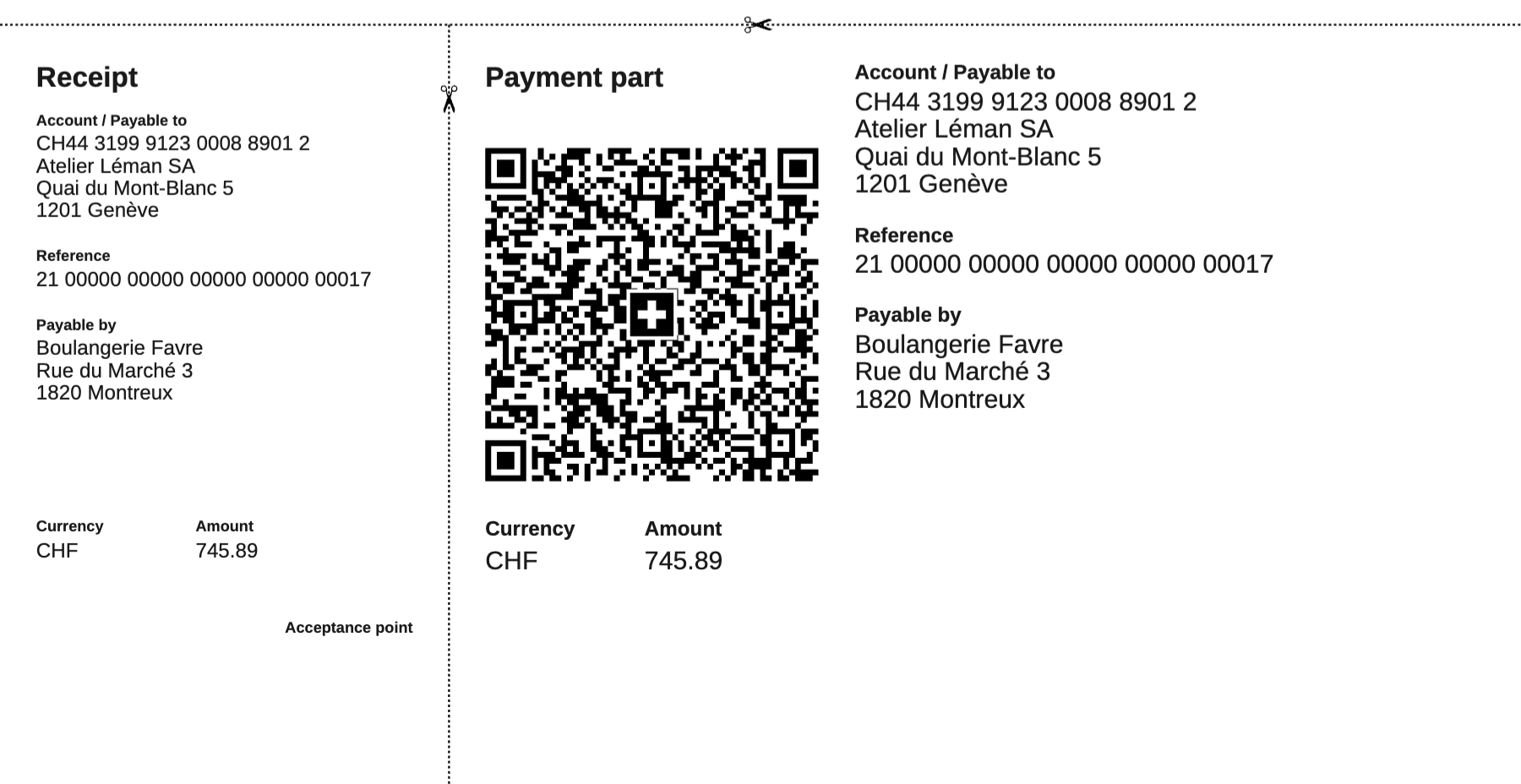The QR-bill: the receipt on the left, the payment part with the QR code, the account, the reference, the amount and the client’s address.
