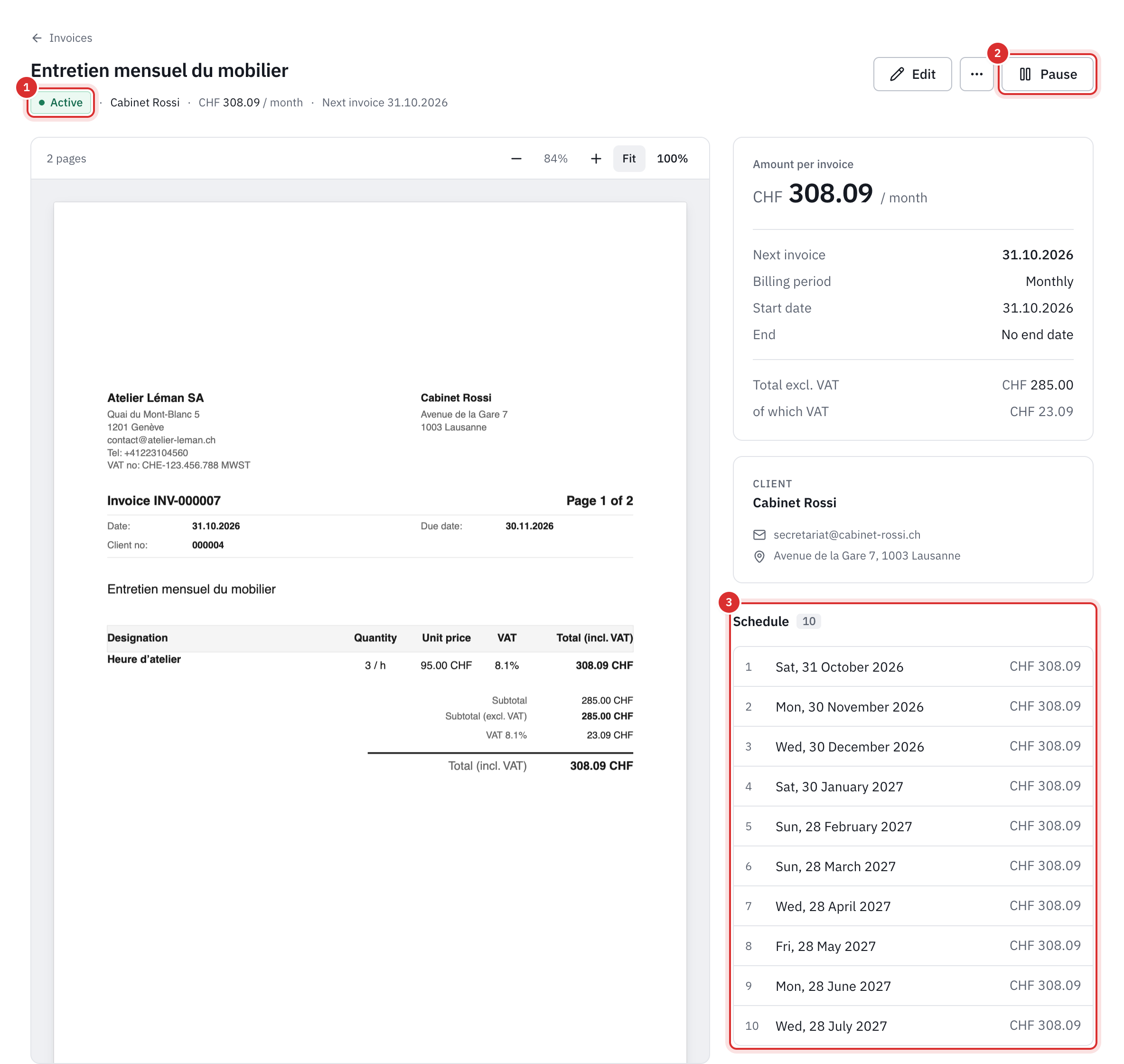 The page of an active recurring invoice: its status, the Pause button, the amount per invoice, the next invoice, the schedule and the invoices issued.