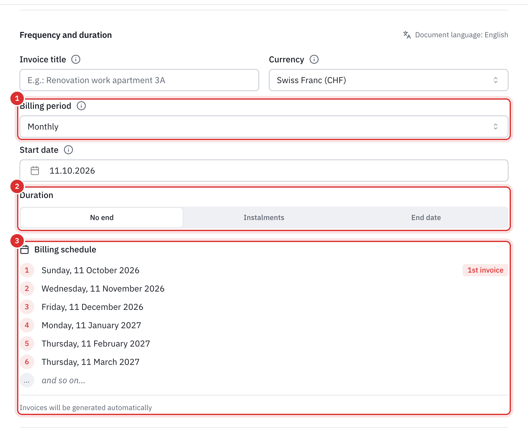 The Frequency and duration part of a recurring invoice: the Monthly period, the start date, the No end duration and the schedule of the next six invoices.