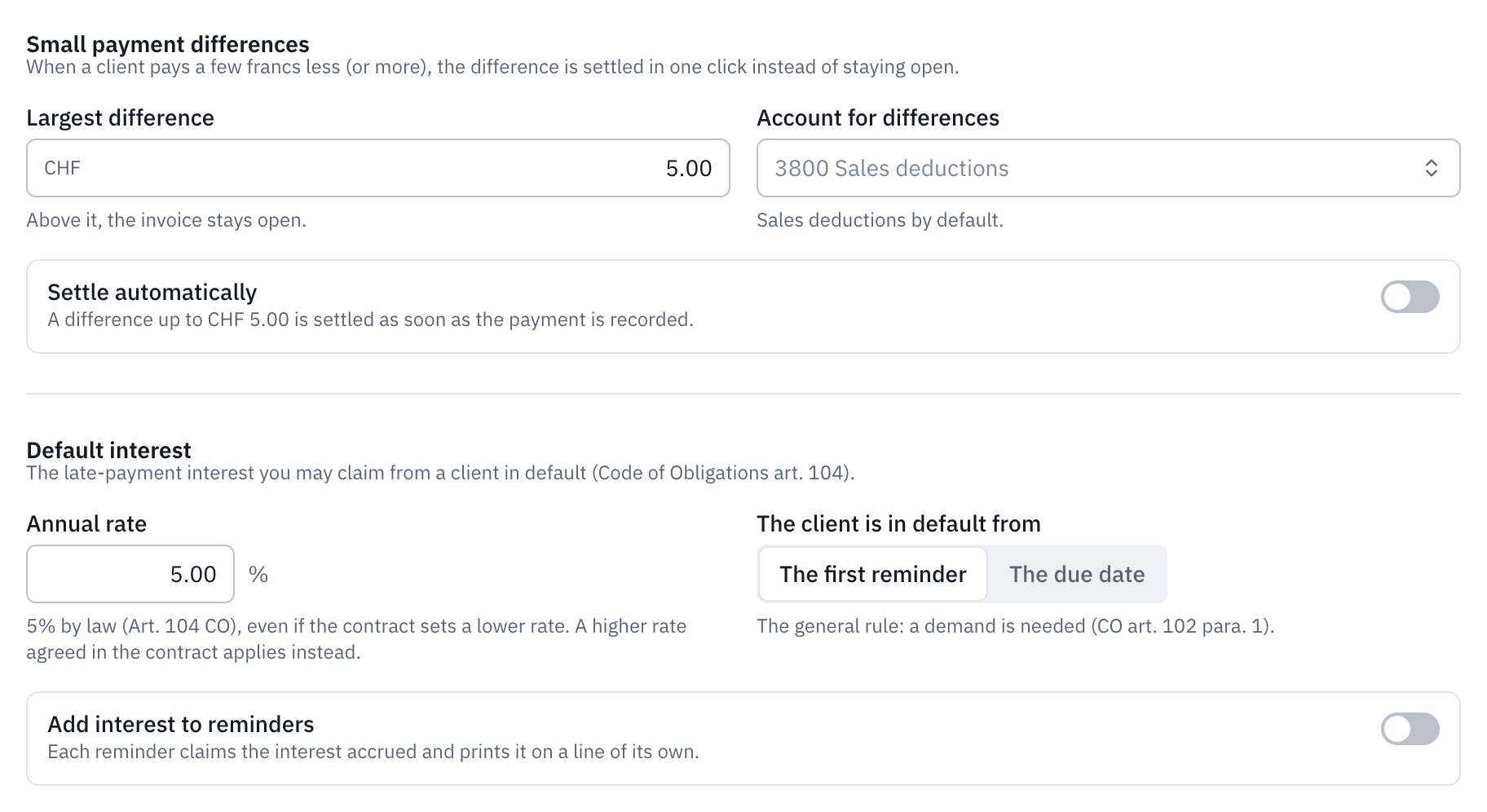 The Differences and default interest section: small payment differences, the annual rate of 5%, default starting at the first reminder and the option to add interest to reminders.