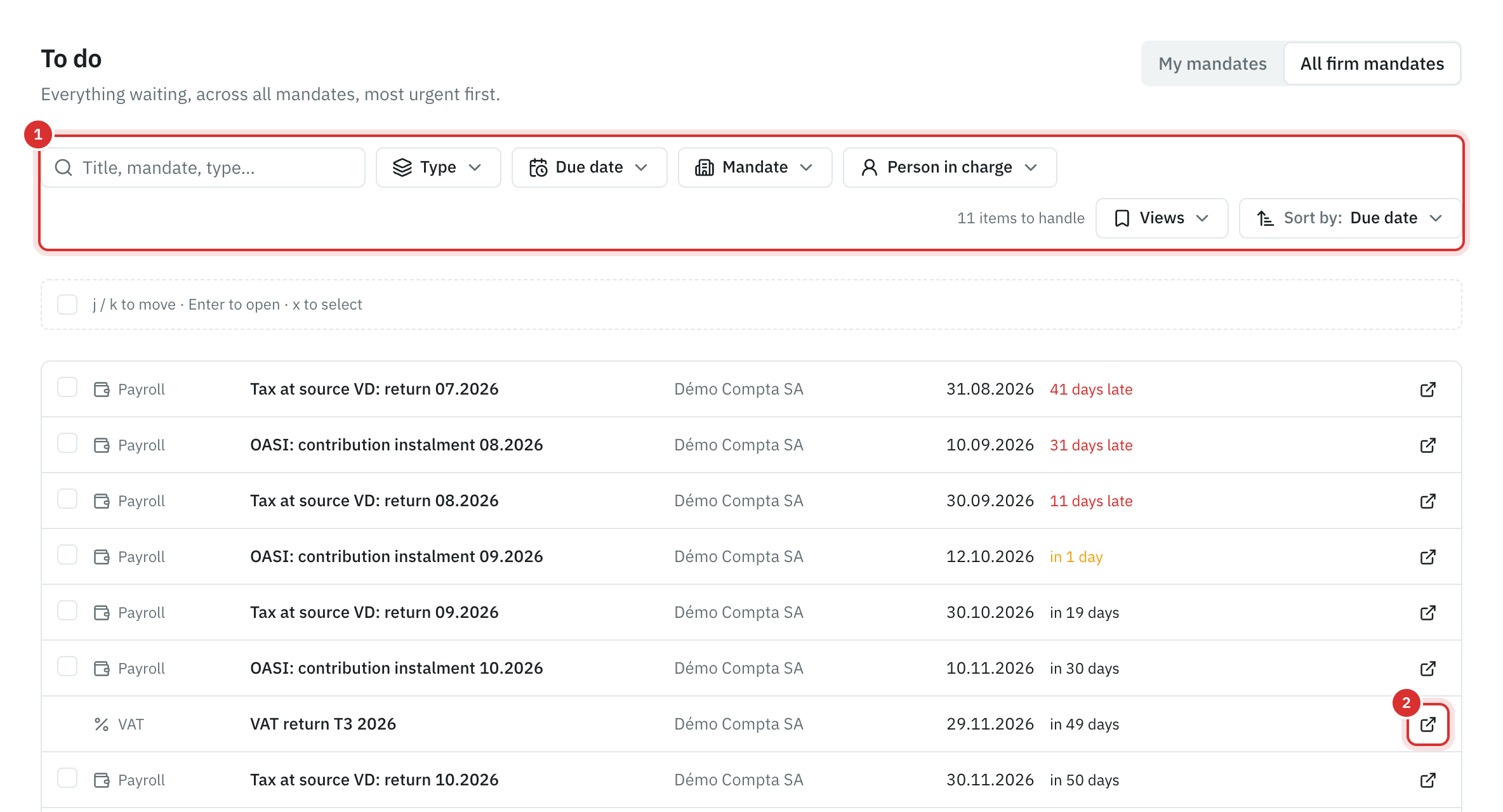 The To do page: the search and filter bar, then a mandate’s VAT returns and payroll deadlines, with their due date.