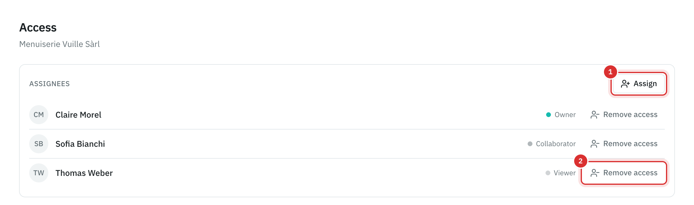 A mandate’s Access tab: three assignees with their role, the Assign button and Remove access next to each one.