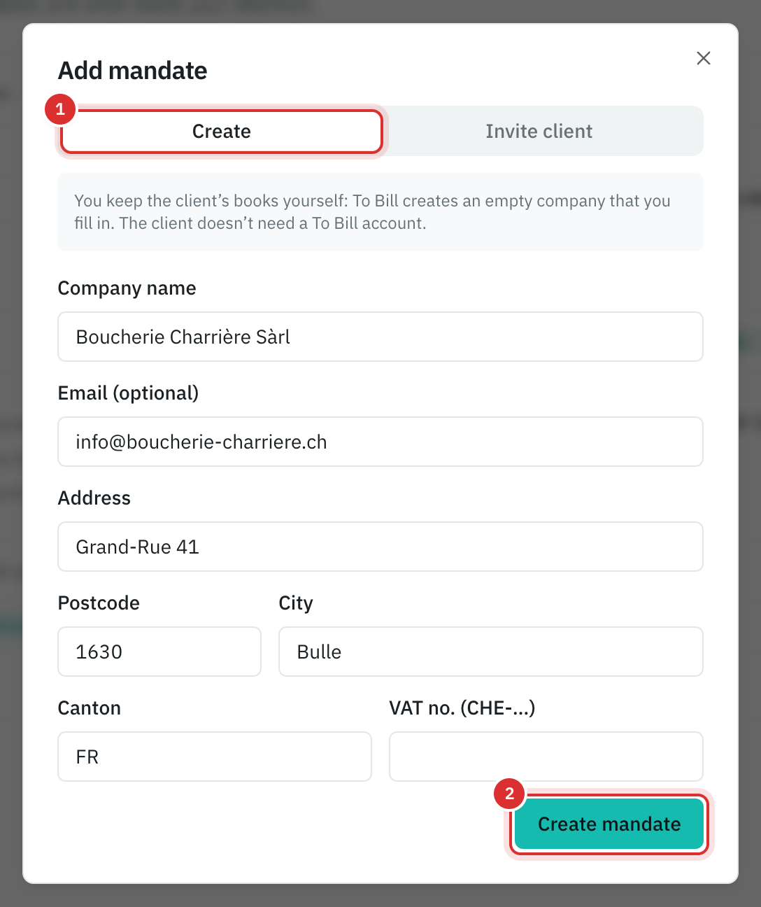 The Add mandate window, Create tab: the company’s name, email and address, and the Create mandate button.