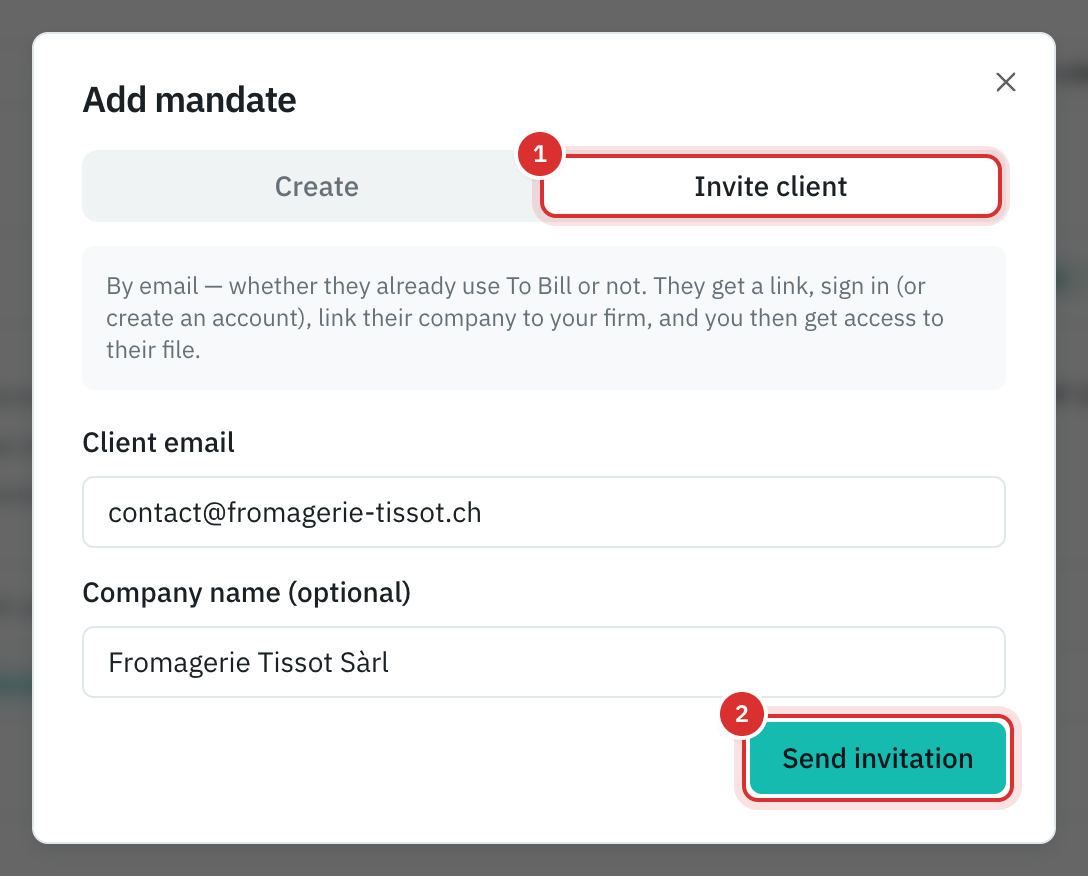 The Add mandate window, Invite client tab: the client’s email, their company’s name and the Send invitation button.