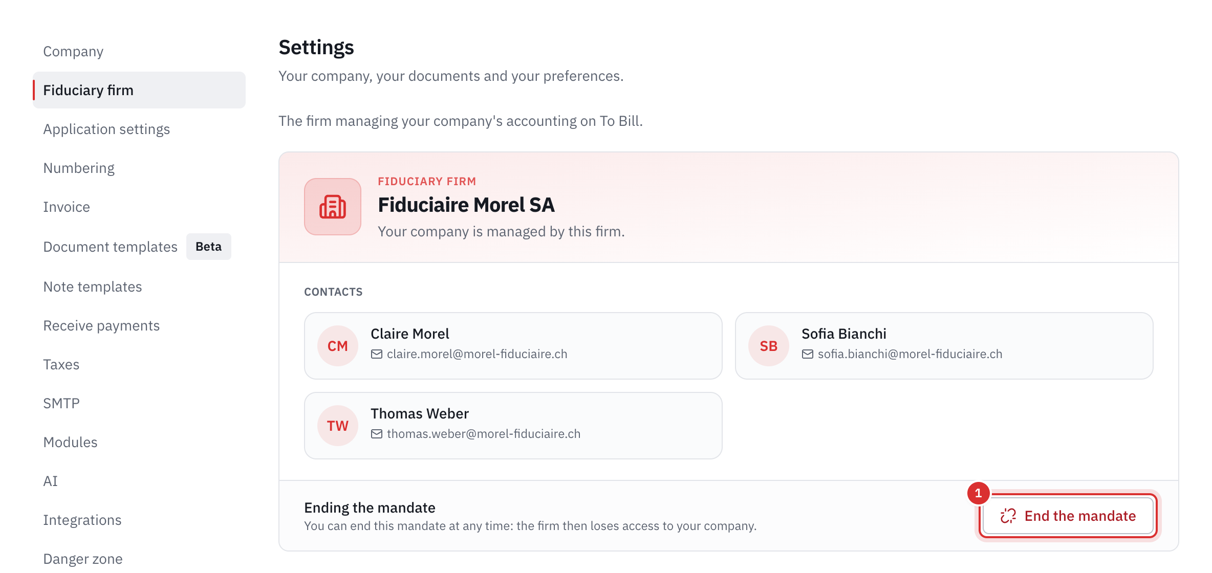 The client’s Fiduciary firm page: the firm, its assignees and the End the mandate button.