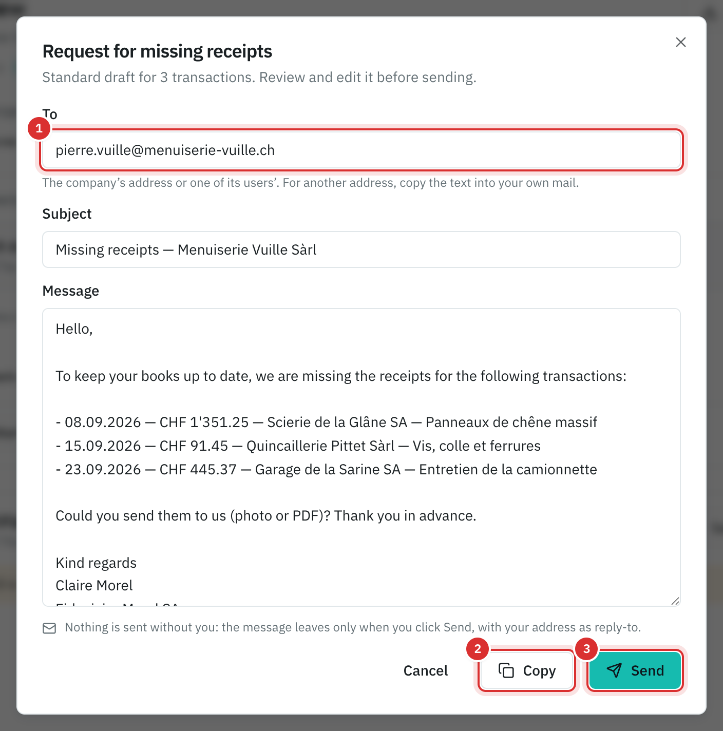 The Request for missing receipts window: the recipient, the subject, the message listing three transactions, and the Copy and Send buttons.