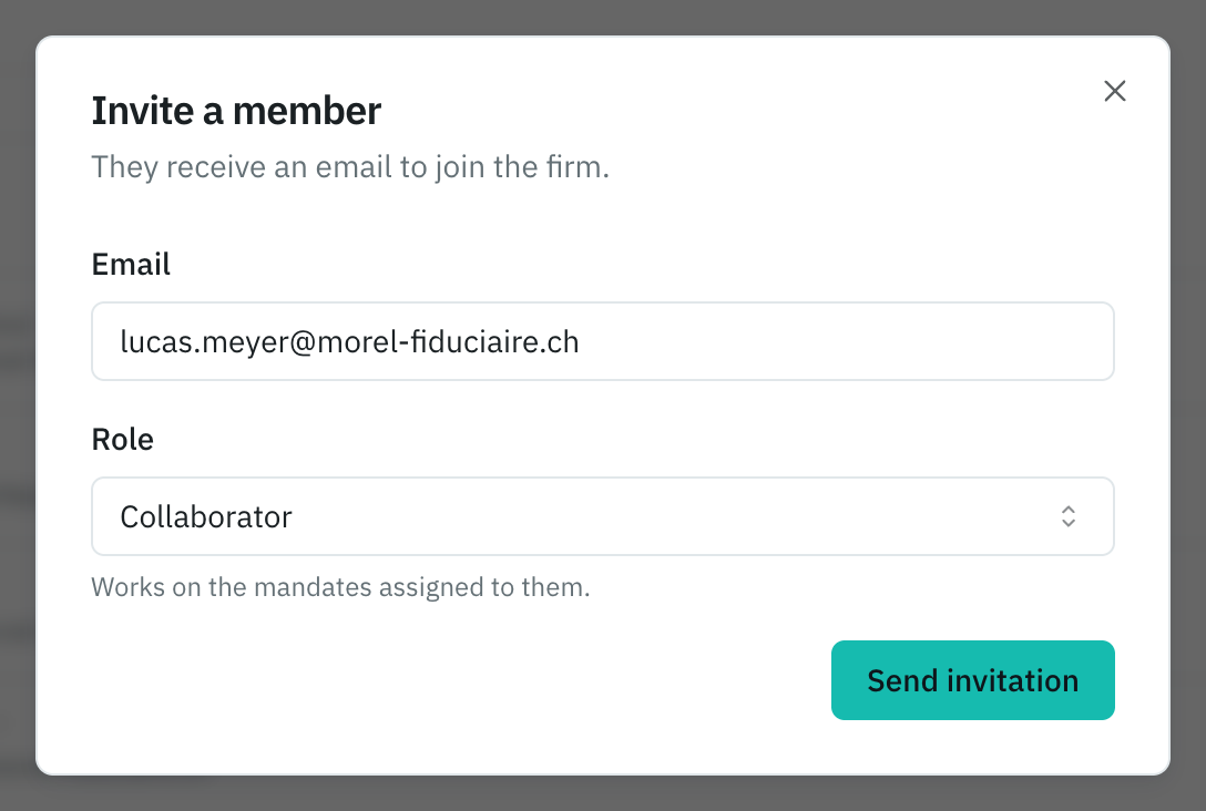 The Invite a member window: the email, the Collaborator role and the Send invitation button.