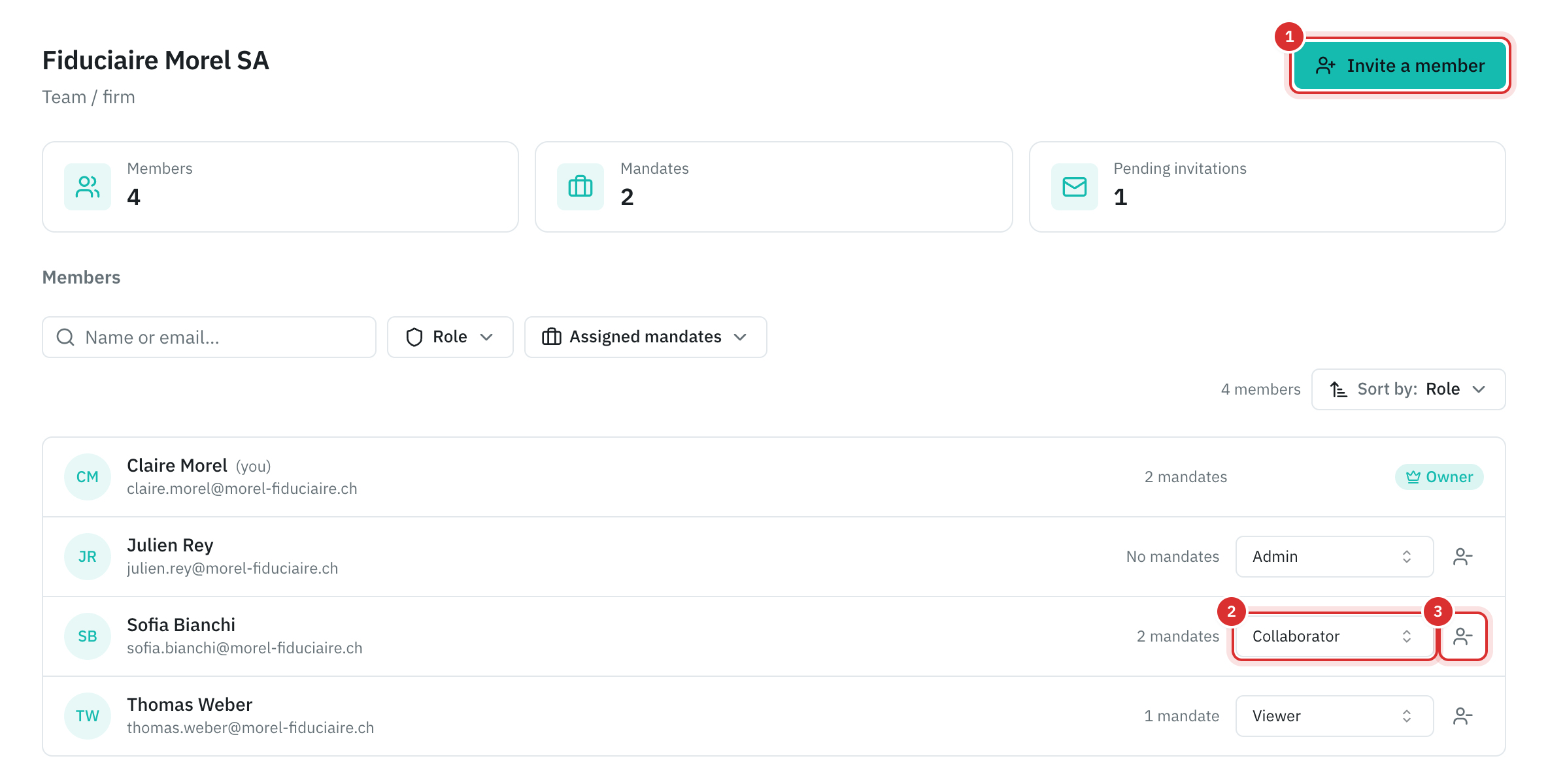The Team page: the counters, the list of members with their role, and a pending invitation.
