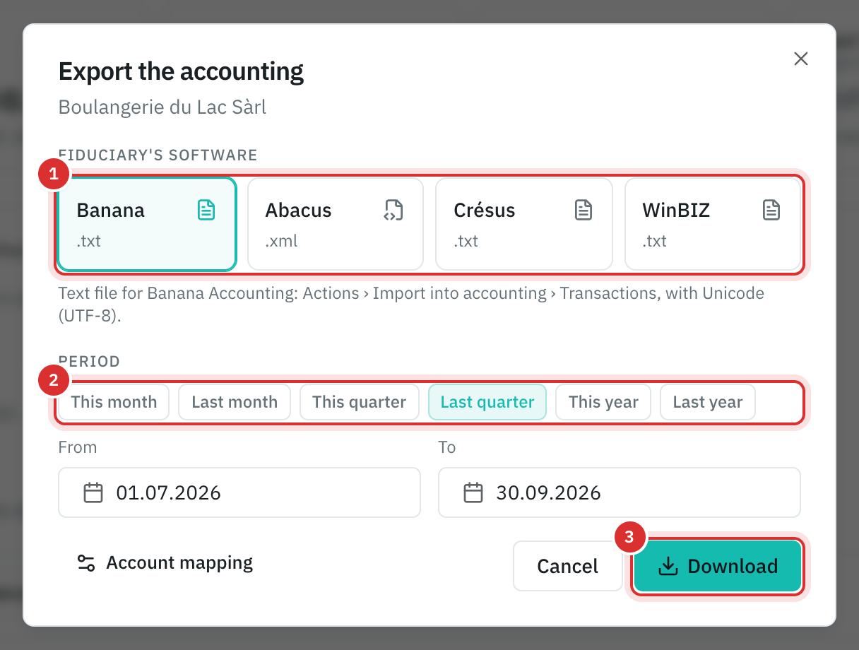 The Export the accounting window: Banana chosen, last quarter as the period and the Download button.