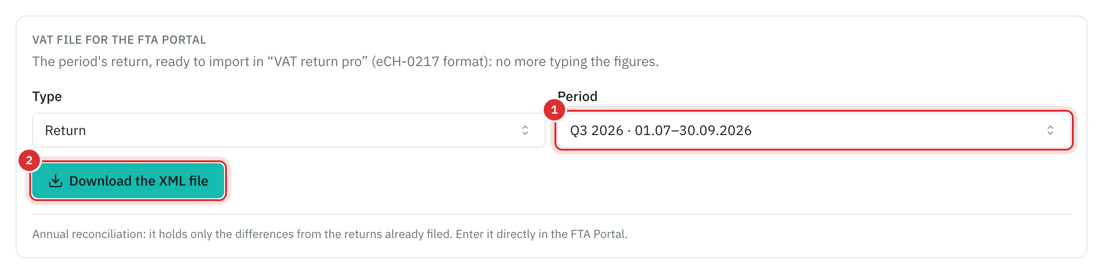 The VAT file card for the FTA portal: the type of return, the period Q3 2026 and the Download the XML file button.