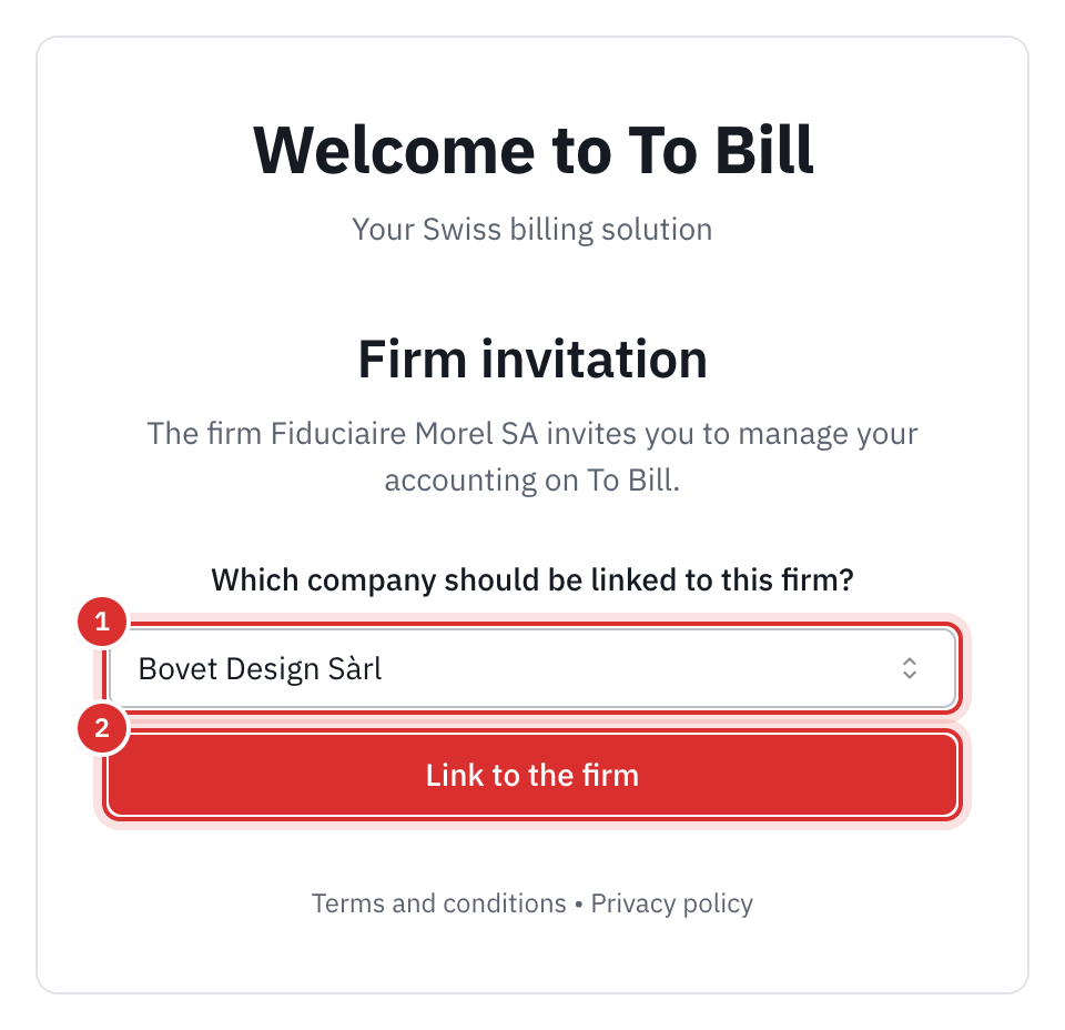 The Firm invitation page: the choice of company and the Link to the firm button.