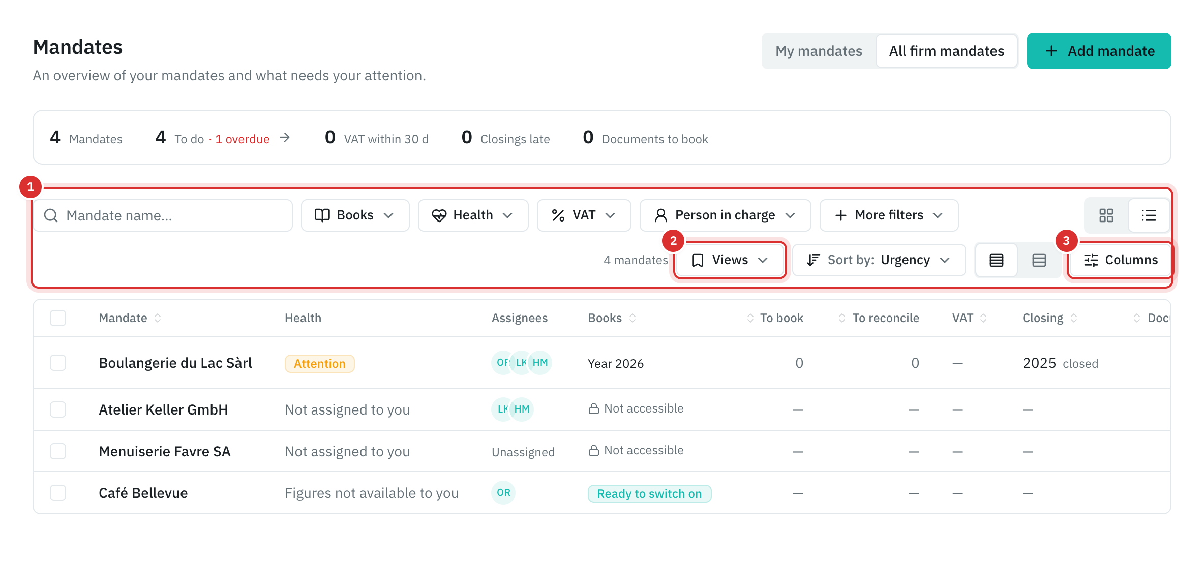 The mandates as a table: the search and filter bar, the Views button and the Columns button.