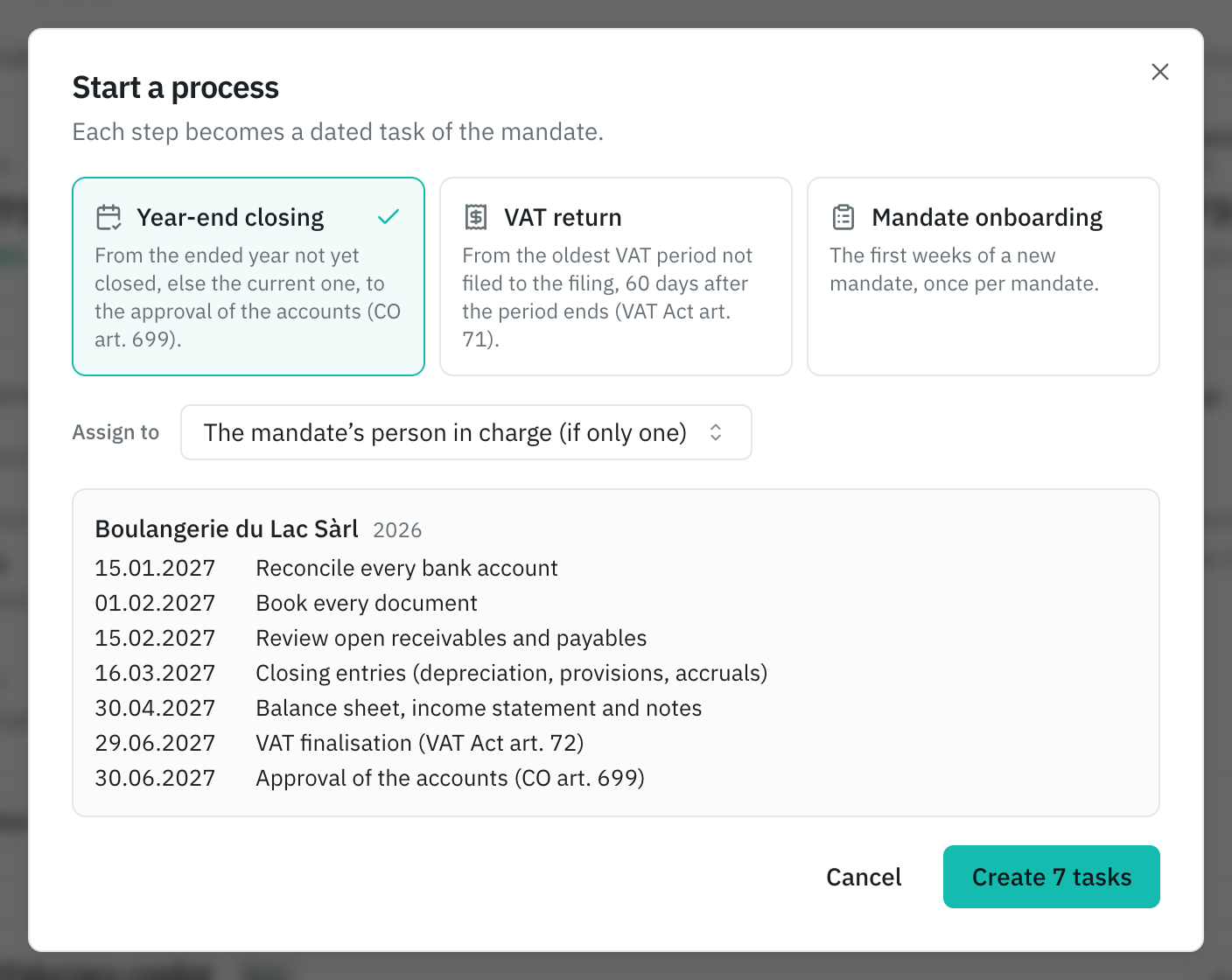 The Start a process window: Year-end closing chosen, its seven dated steps and the Create 7 tasks button.