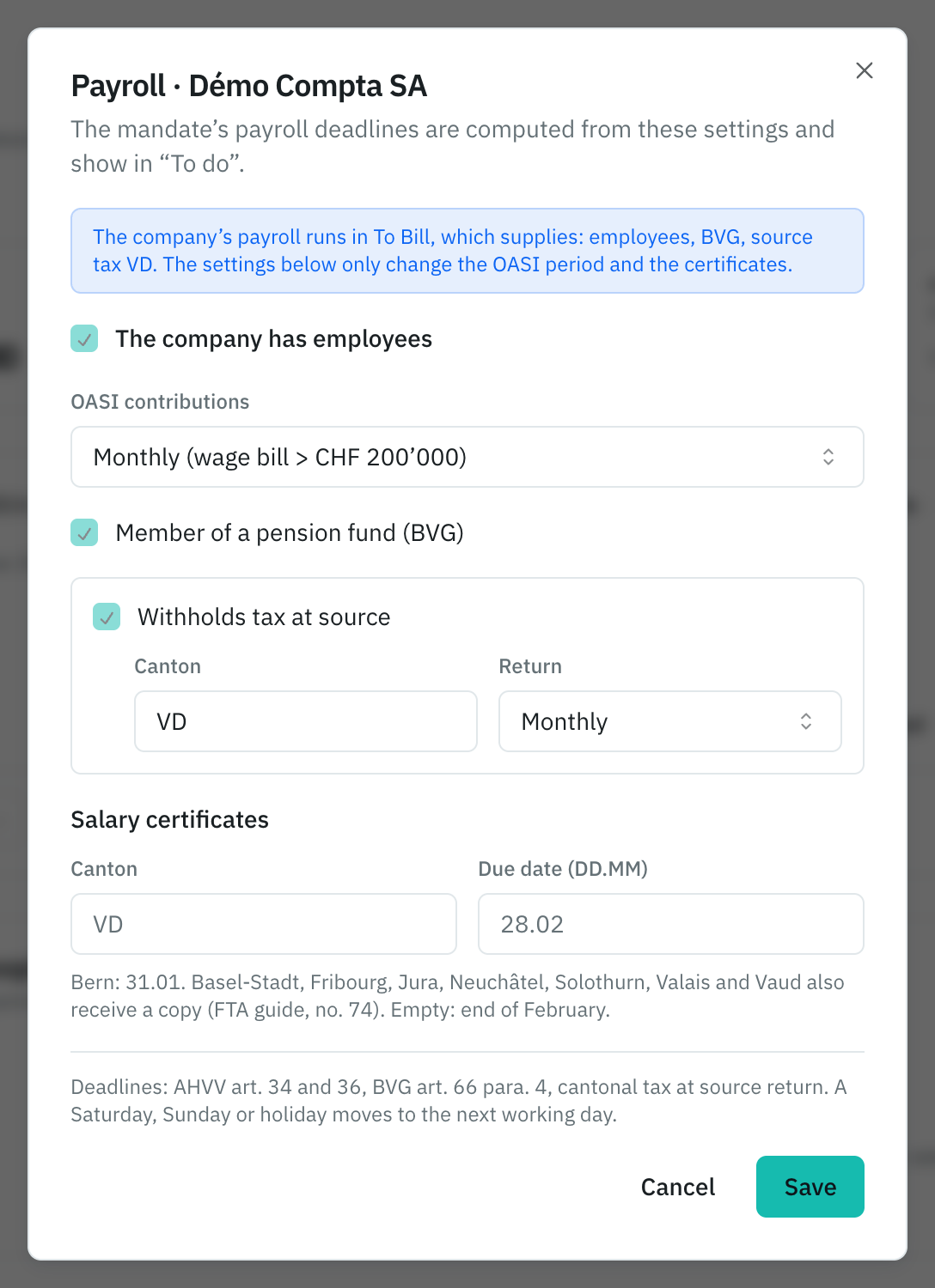 A mandate’s Payroll window: employees, OASI frequency, occupational pension, tax at source and salary certificates.