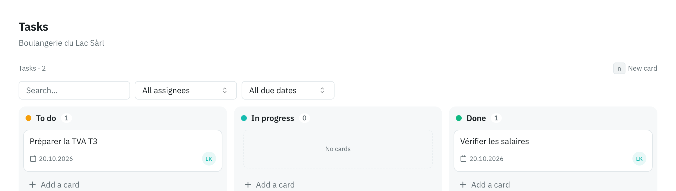 A mandate’s task board: the To do, In progress and Done columns, with one card in each.