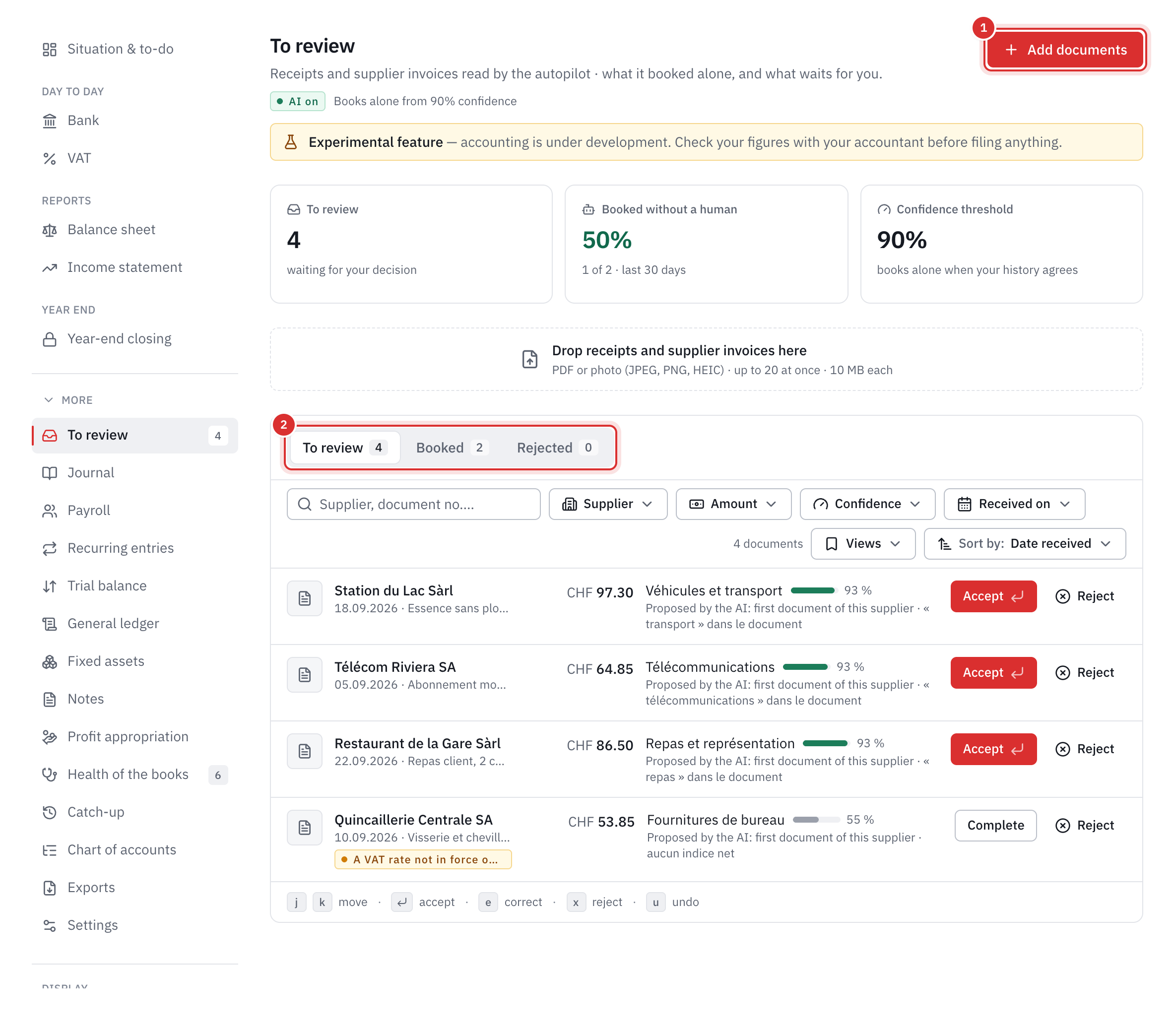 The To review page: the Add documents button, the counters, the drop area and four documents read, with their proposal and the Accept and Reject buttons.