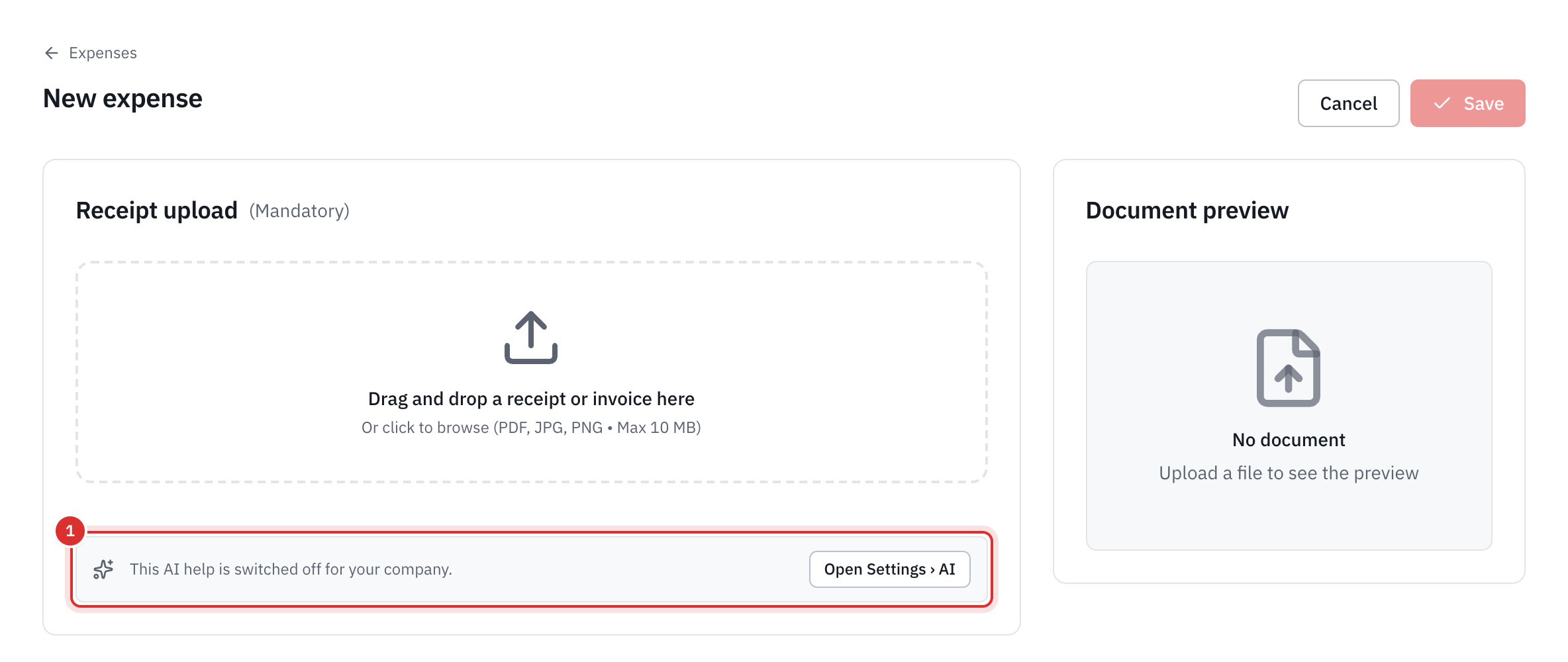 The New expense page of a company without AI: under the receipt area, the note This AI help is switched off for your company, with the Open Settings, AI button.