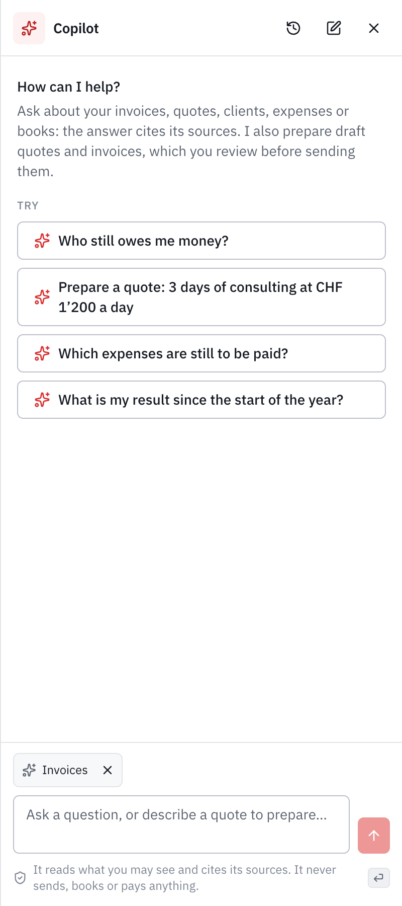 The Copilot panel to the right of the invoices: How can I help?, questions to try, the page label and the question field.