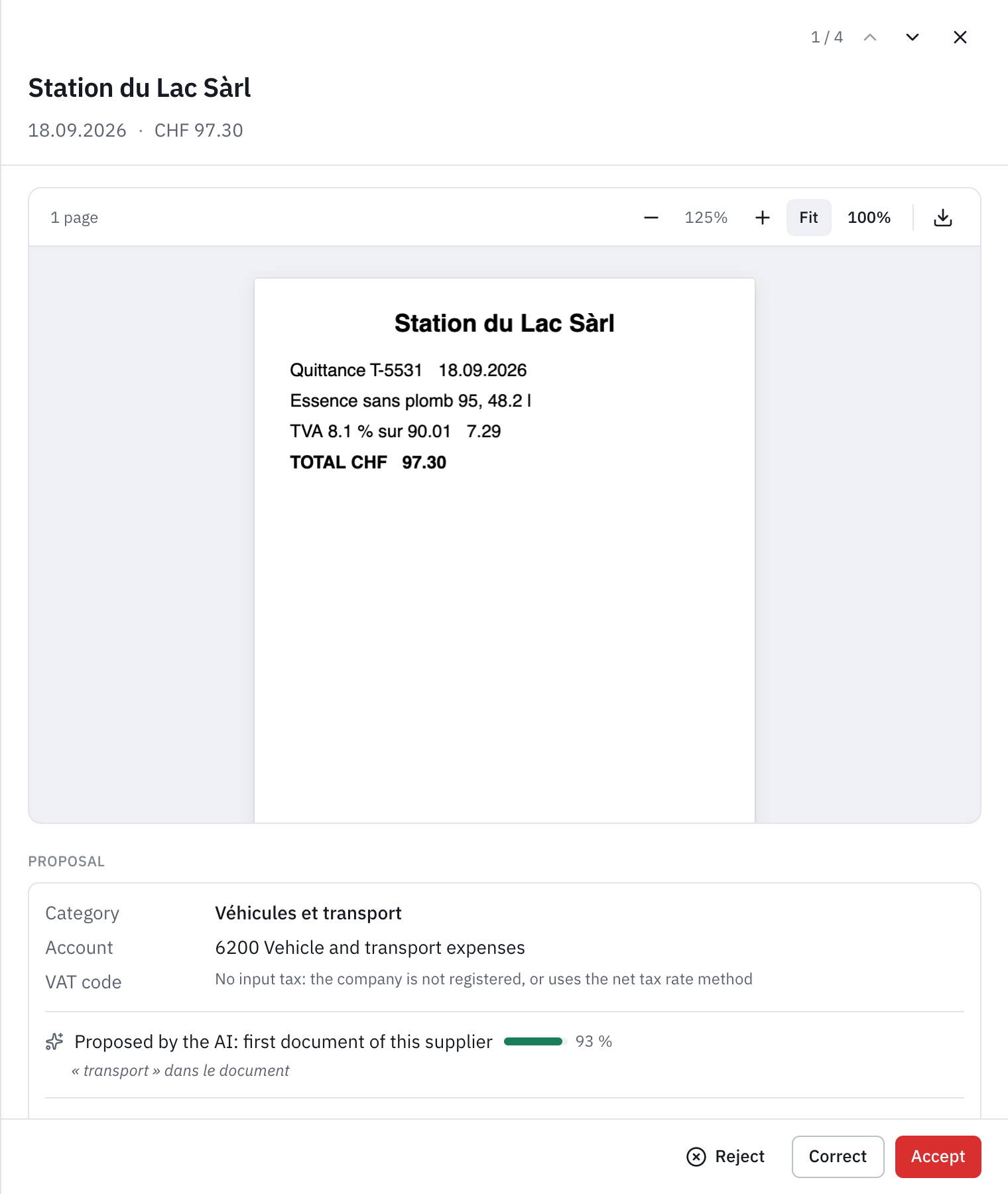 A document’s sheet: the petrol station receipt, the proposal Vehicles and transport with account 6200, the reason and the Reject, Correct and Accept buttons.