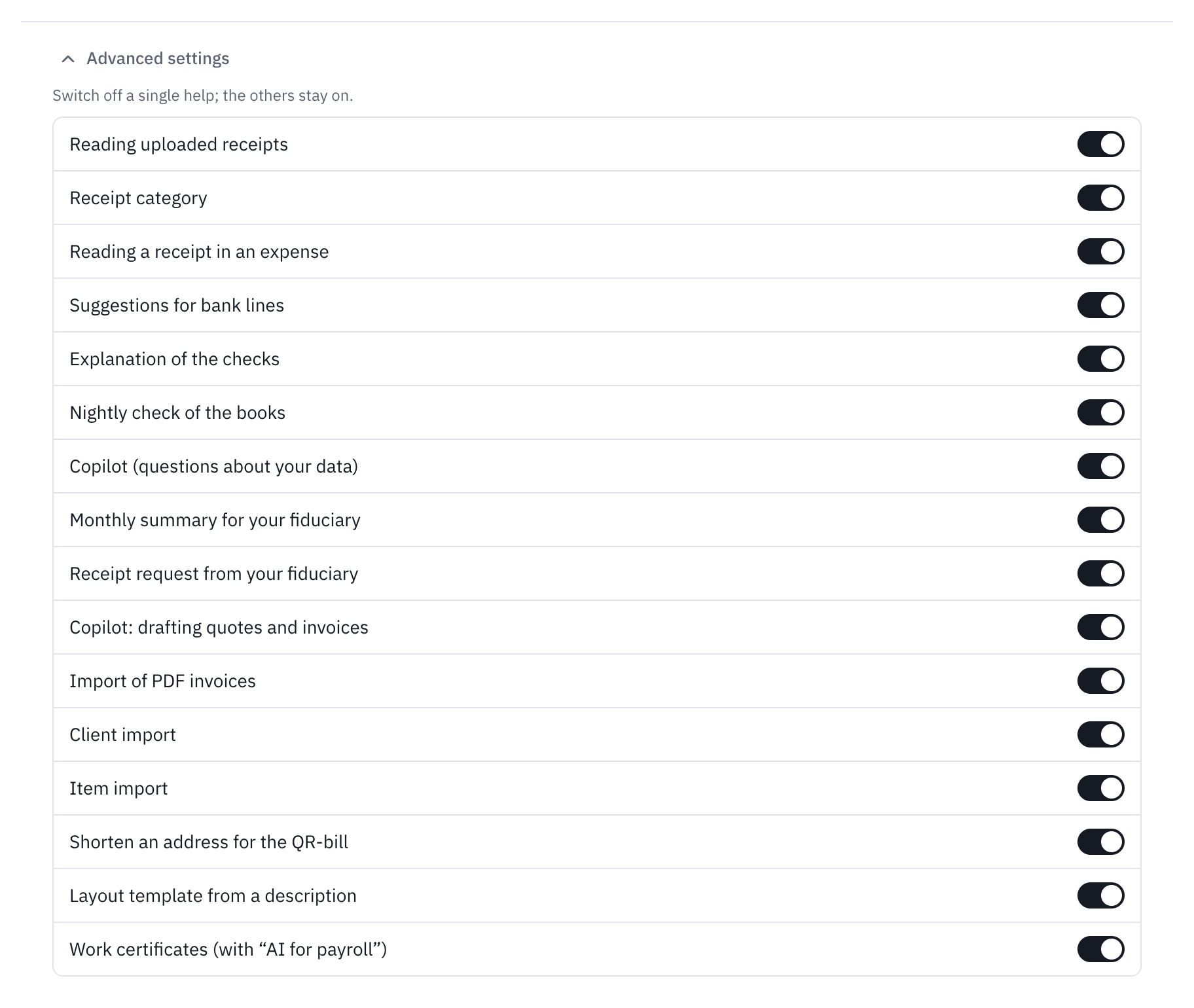 The AI advanced settings: one switch per help, from reading uploaded receipts to the layout template.
