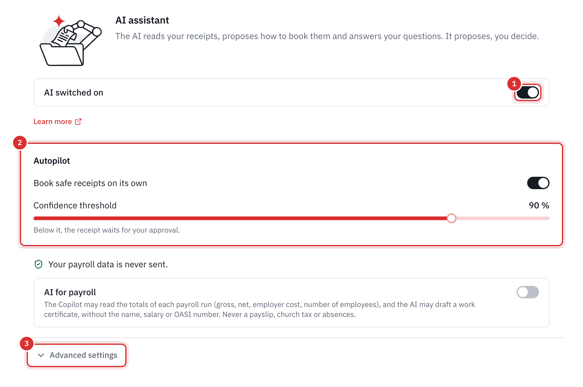 The Settings, AI page: the AI switched on switch, the autopilot and the Advanced settings link.