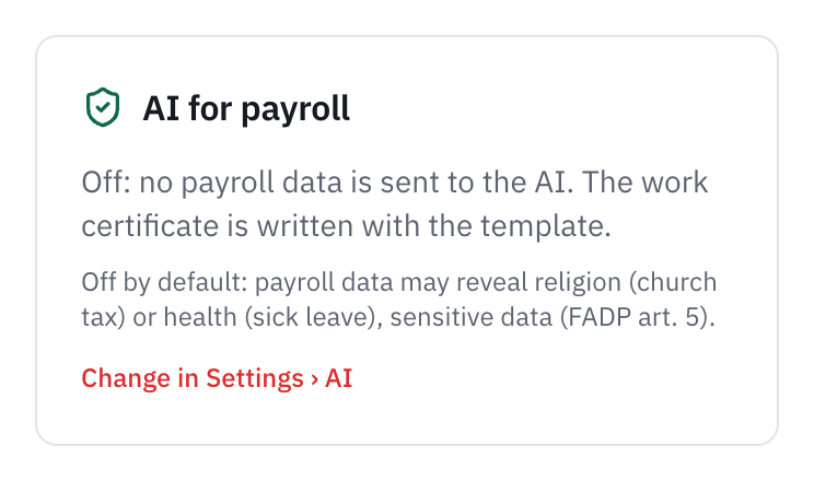 The AI for payroll card on the Payroll, Insurance settings page: Off, no payroll data is sent to the AI, the reason, and the Change in Settings, AI link.