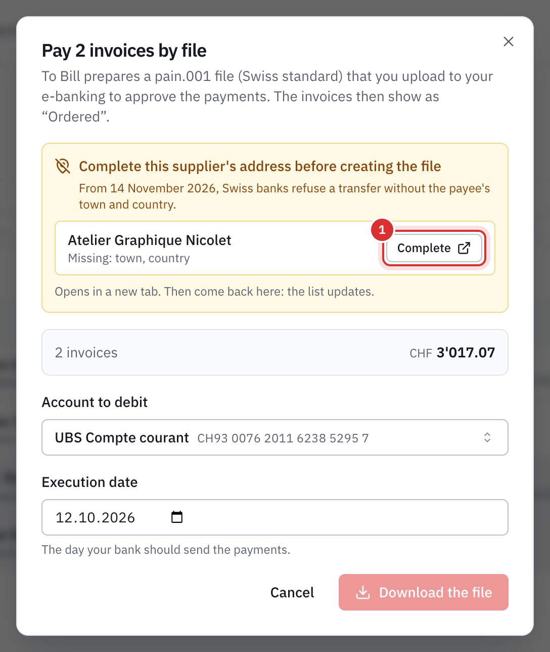 The payment window with the alert Complete this supplier’s address before creating the file: Atelier Graphique Nicolet, town and country missing, with the Complete button.