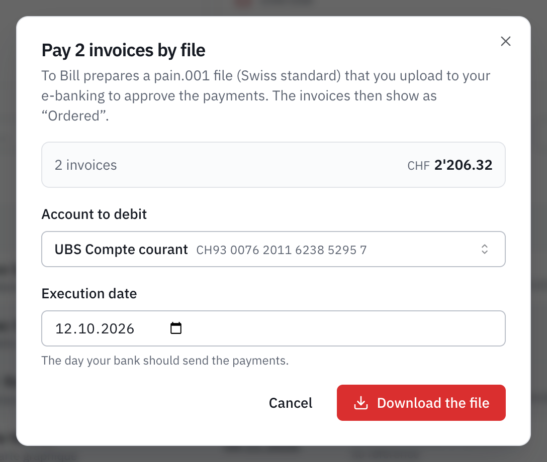 The Pay 2 invoices by file window: the total, the UBS current account to pay from, the execution date and the Download the file button.