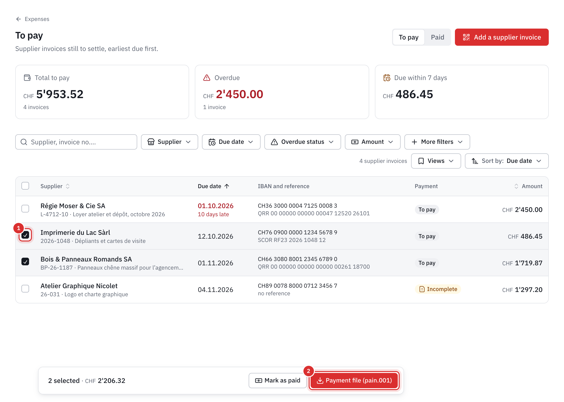 The To pay list with two invoices ticked, and at the bottom the selection bar with the total and the Payment file (pain.001) button.
