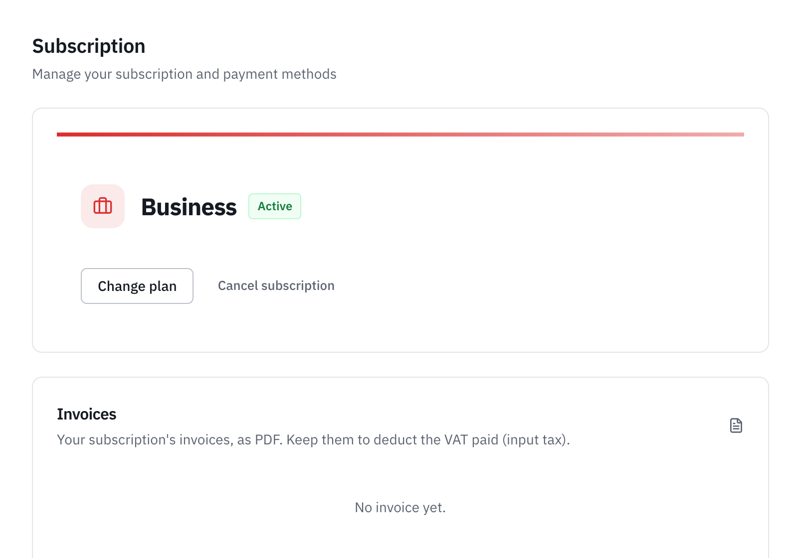 The Subscription page: the active plan, the Change plan and Cancel subscription buttons, and the payment history.