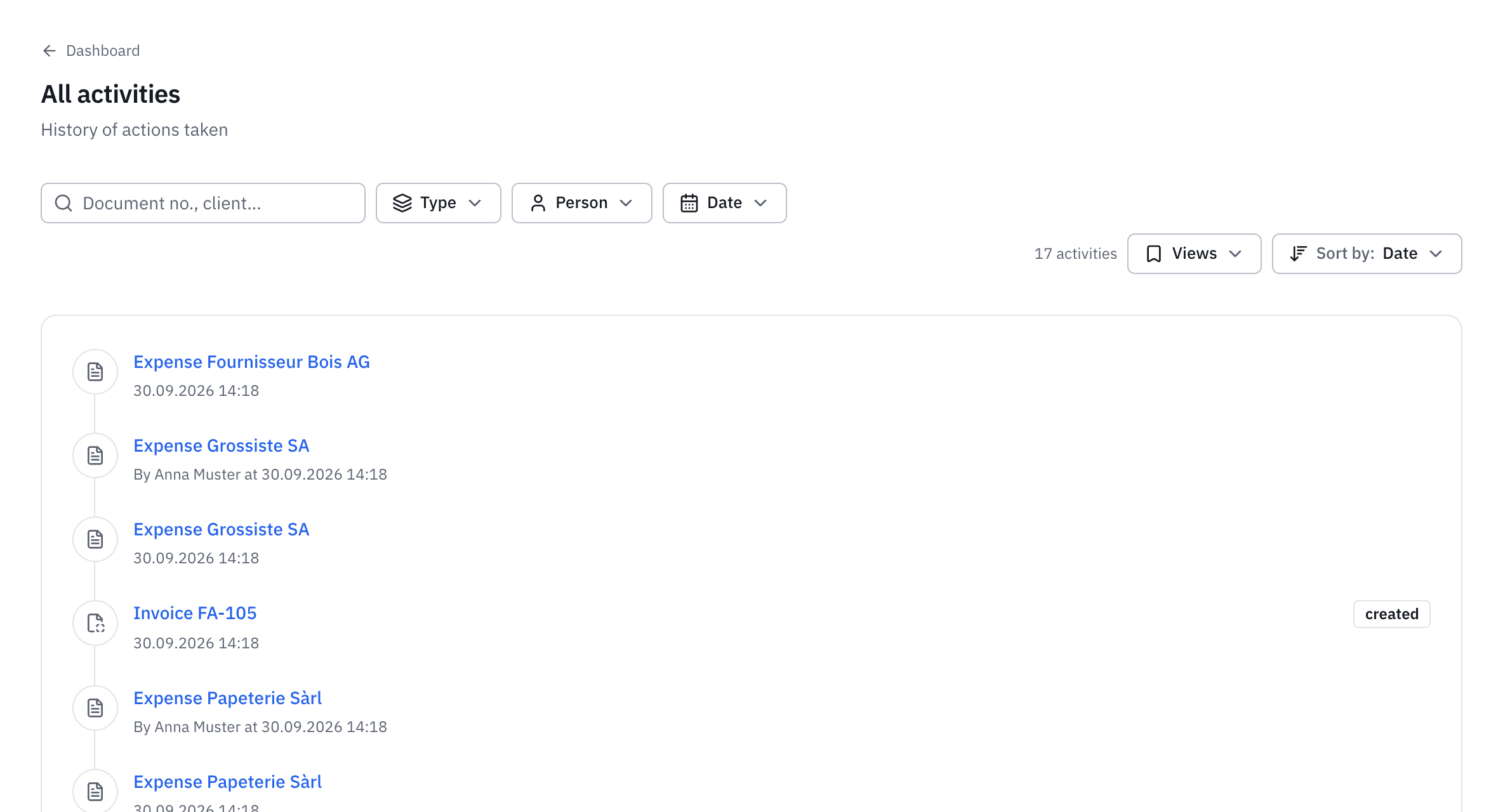 The All activities page: the list of actions with the person and the date, and the Type, Person and Date filters.