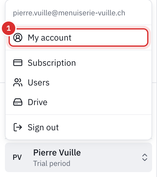 The account menu open at the bottom left: the email, My account, Subscription, Users, Drive and Logout.