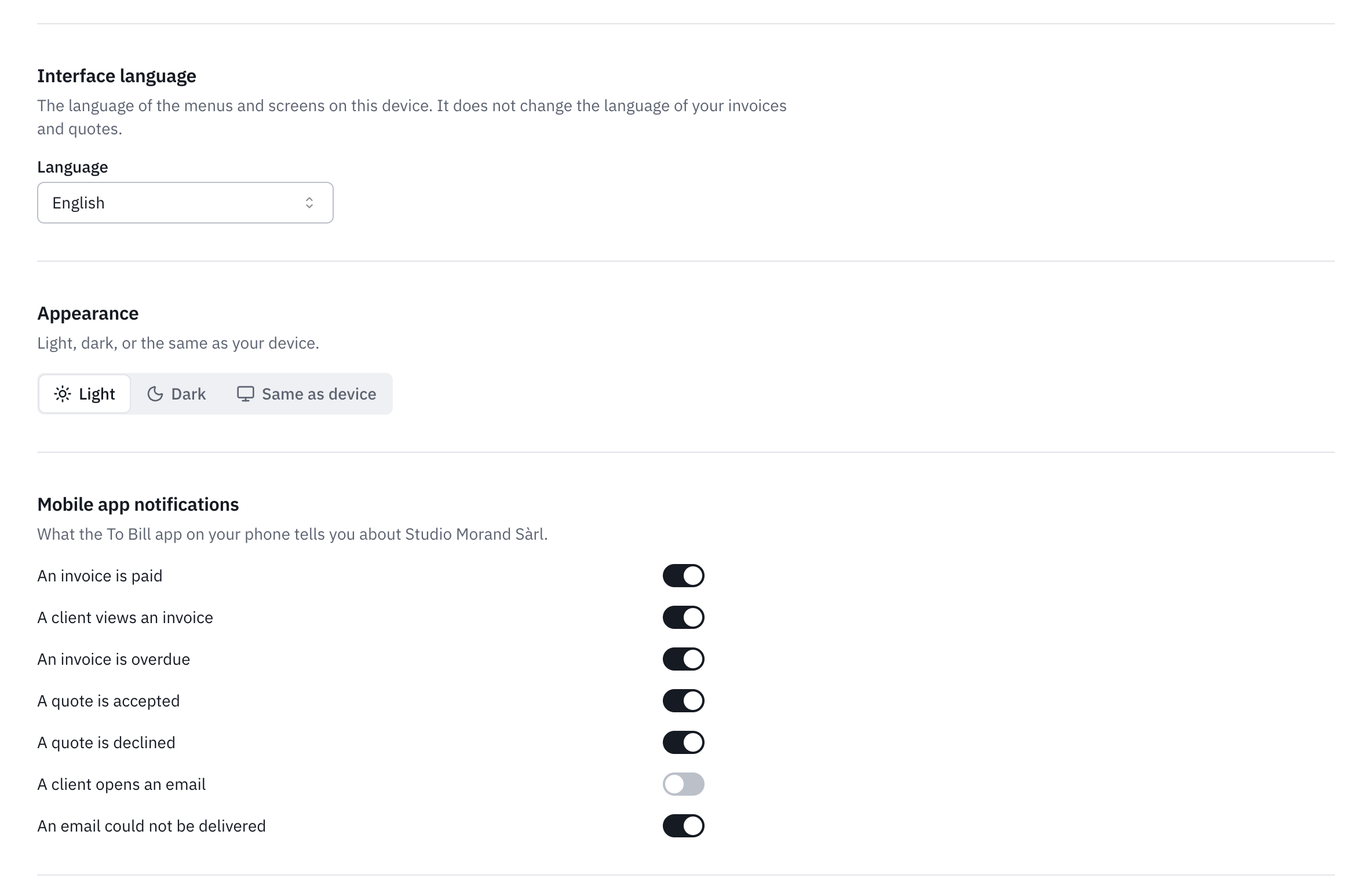 The rest of My account: the interface language, the Light, Dark or Same as device appearance, and the mobile app notifications for the company that is open.