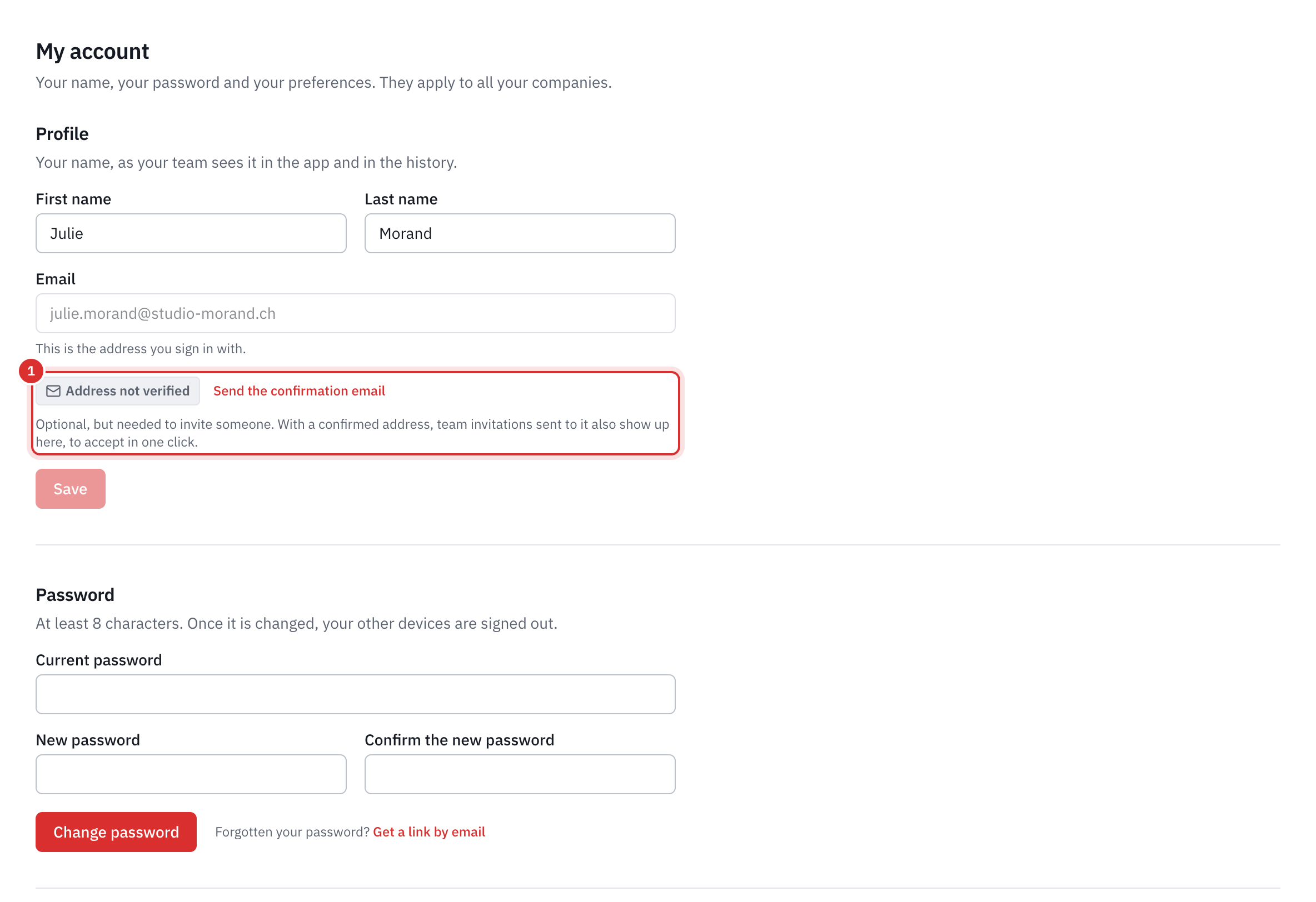 The My account page: the profile with the first name, the last name, the sign-in email and, under it, Address not verified with the Send the confirmation email link, then the current password, the new one and its confirmation.