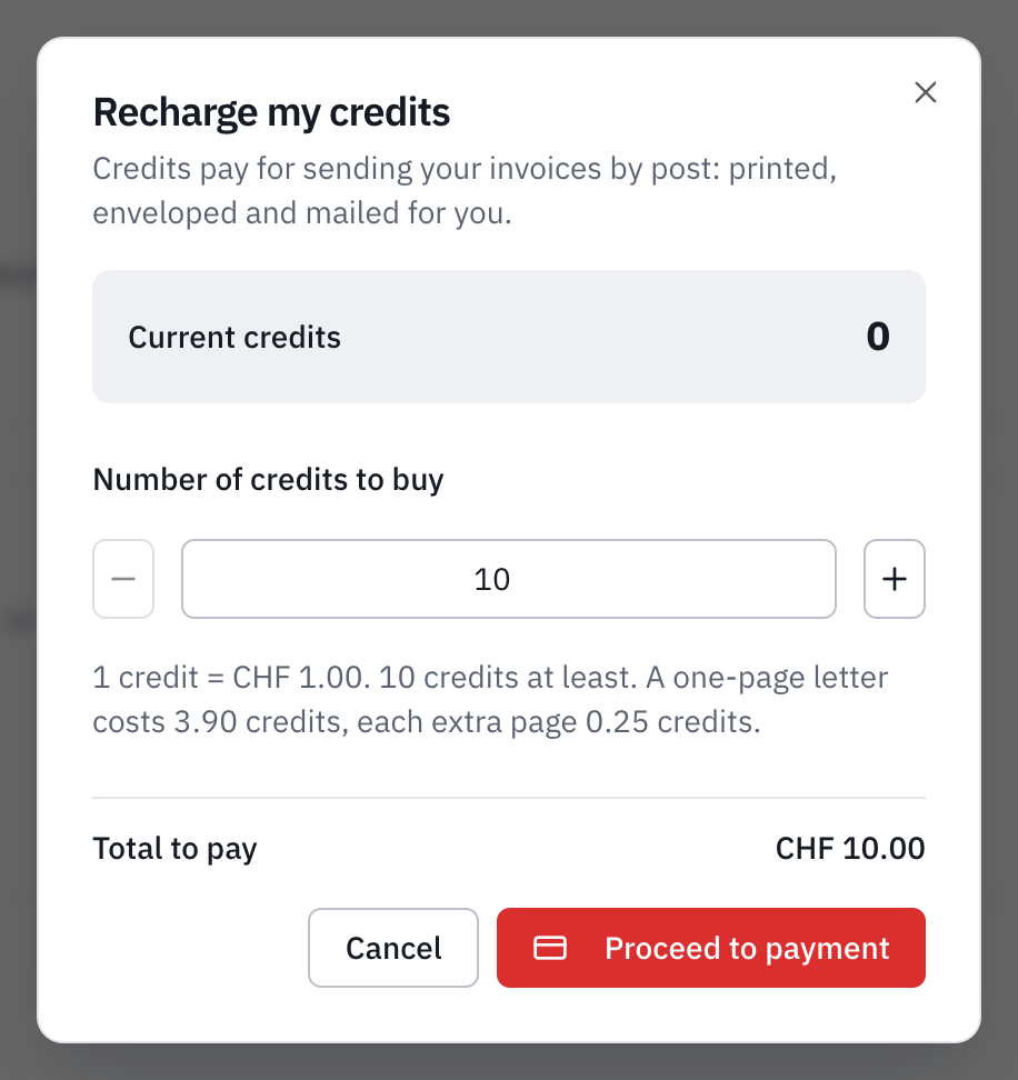 The Recharge My Credits window: what credits are for (sending invoices by post), the current credits, the number to buy, the rate with the minimum of 10 credits and the price of a letter, and the total to pay of CHF 10.00.
