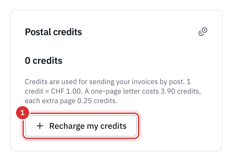 The Postal credits card on the Subscription page: the balance, the rate 1 credit = CHF 1.00 with the price of a letter, and the Recharge My Credits button.