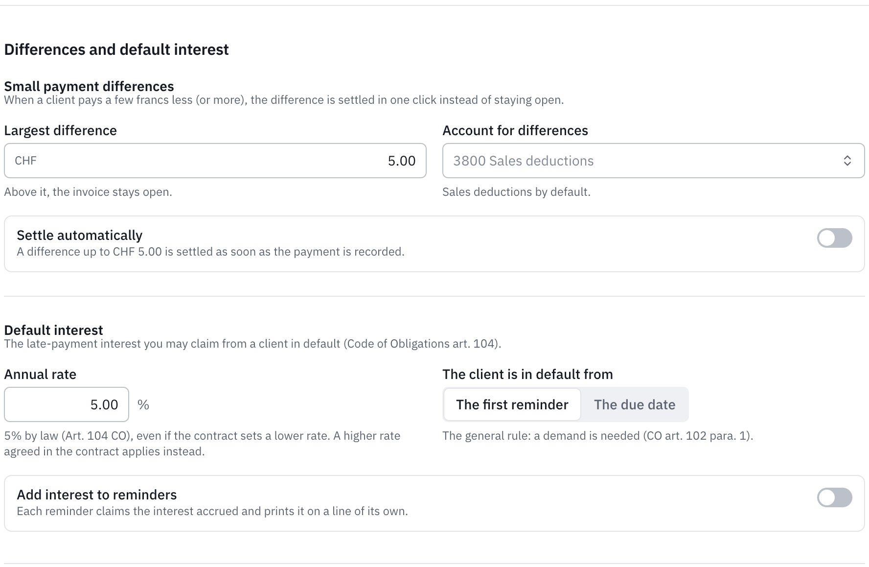 The Differences and default interest part: the largest difference, the account for differences, the annual rate and the start of default.