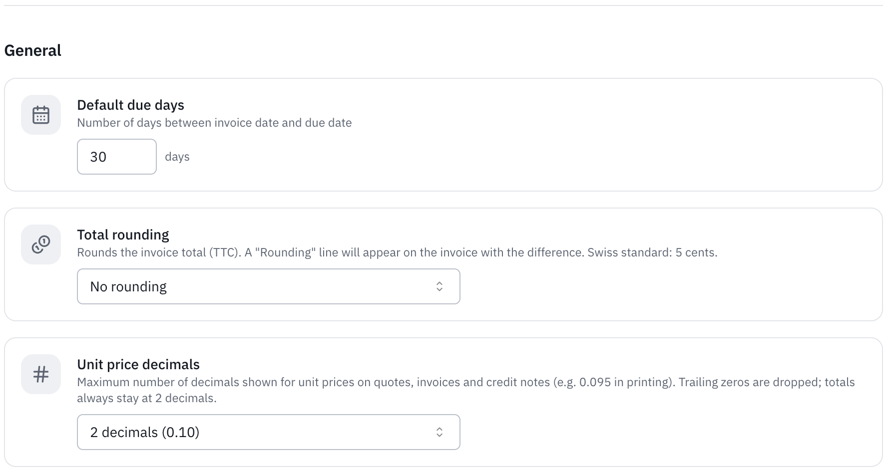 The General part: default due days, total rounding and unit price decimals.