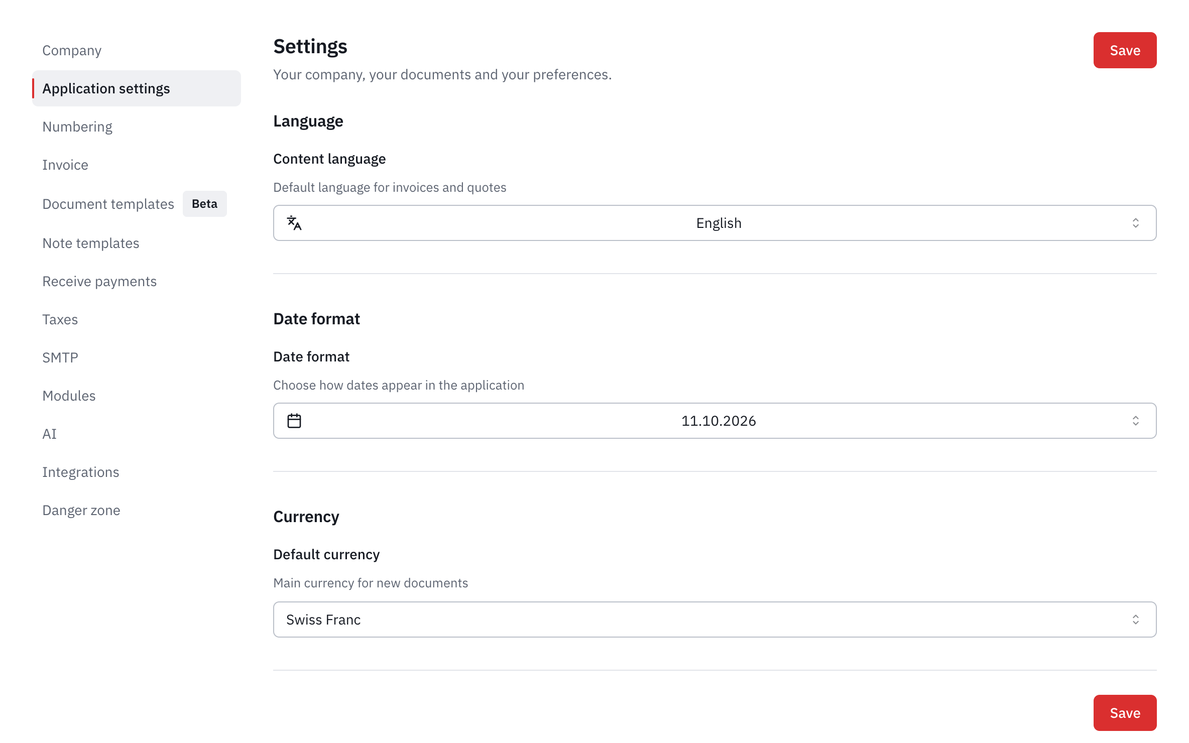 The Application settings tab: the content language, the date format and the default currency.