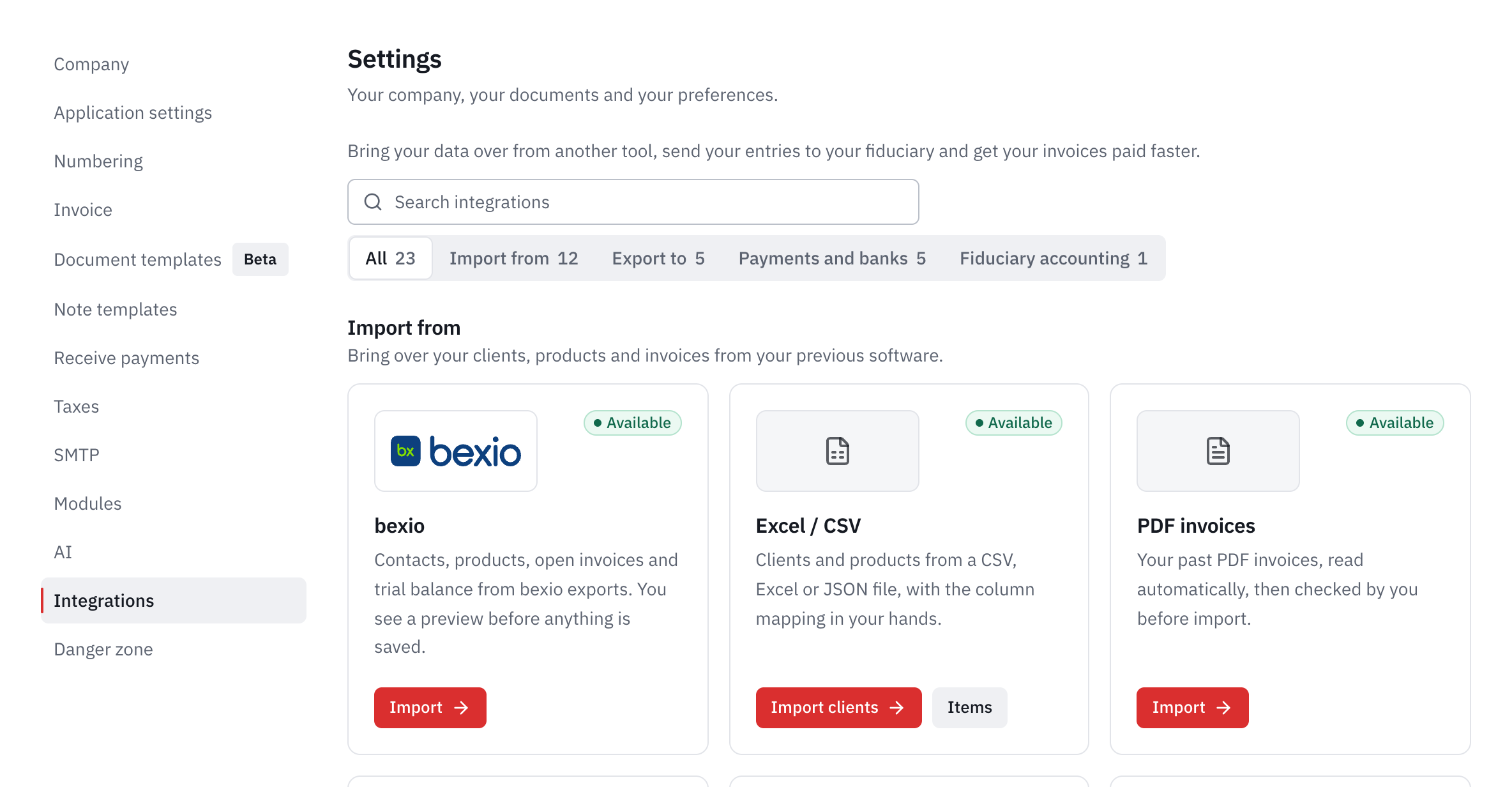 The Integrations tab of the settings: the search, the categories and the bexio, Excel / CSV and PDF invoices cards.