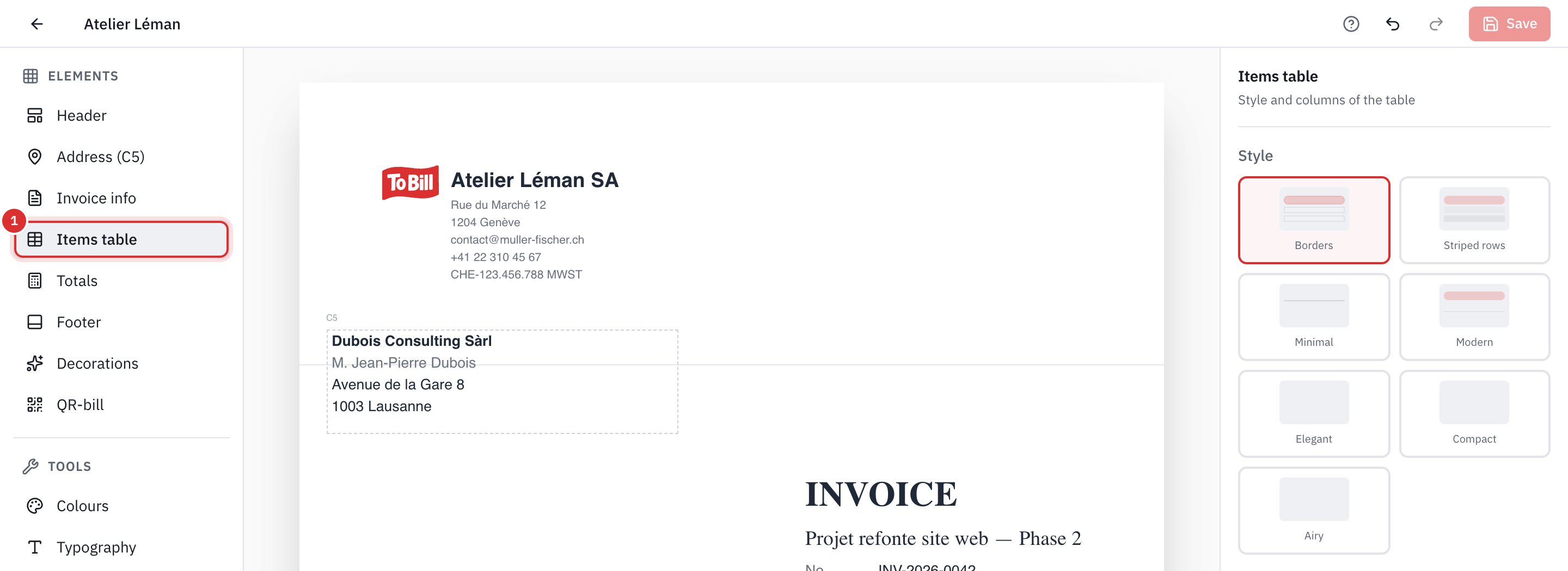 The template editor: the elements on the left, the invoice preview in the middle, the articles table settings on the right.