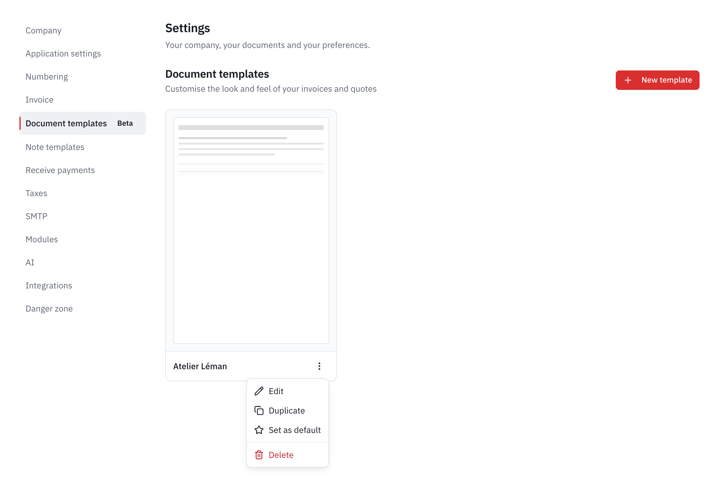 The list of document templates, with a template’s menu open: Edit, Duplicate, Set as default, Delete.