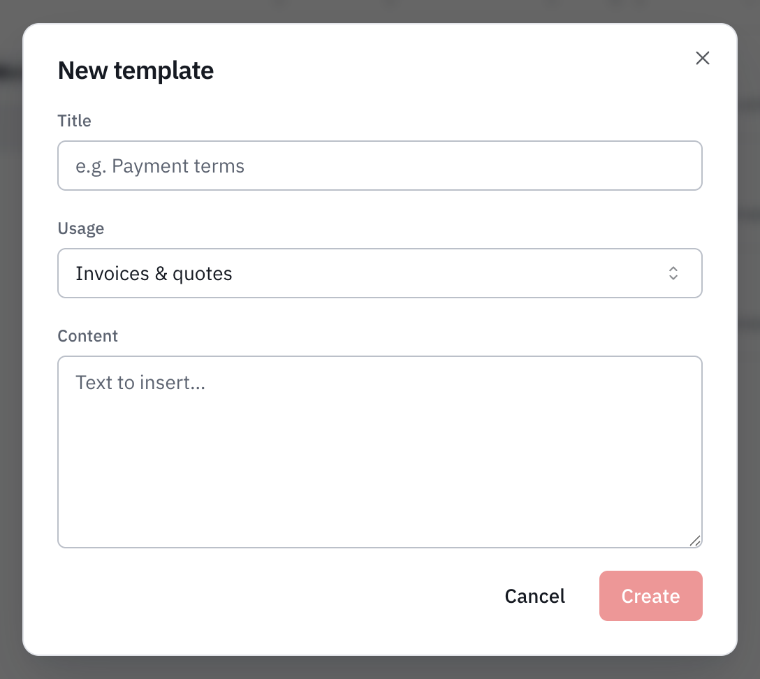 The New template window: the title, the usage and the content of the note.