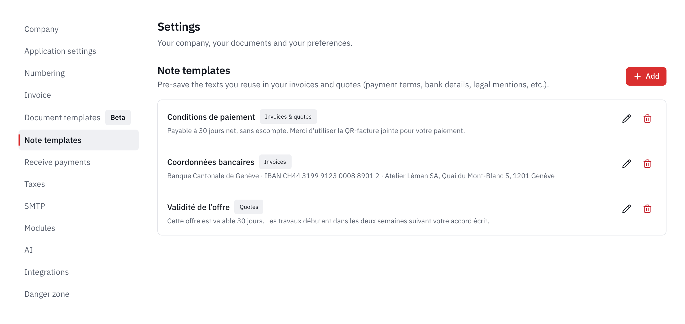 The list of note templates: payment terms, bank details and validity of the offer, with their usage.