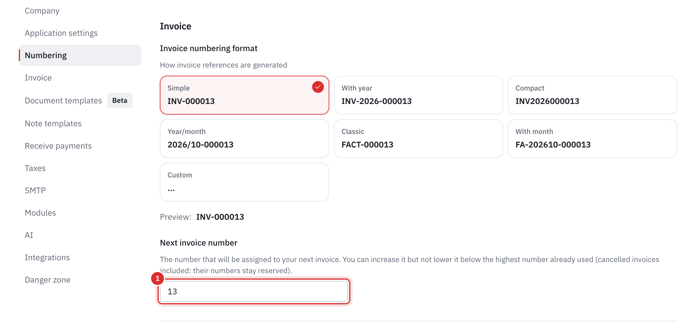 The Invoice part: the invoice numbering formats and the Next invoice number field.