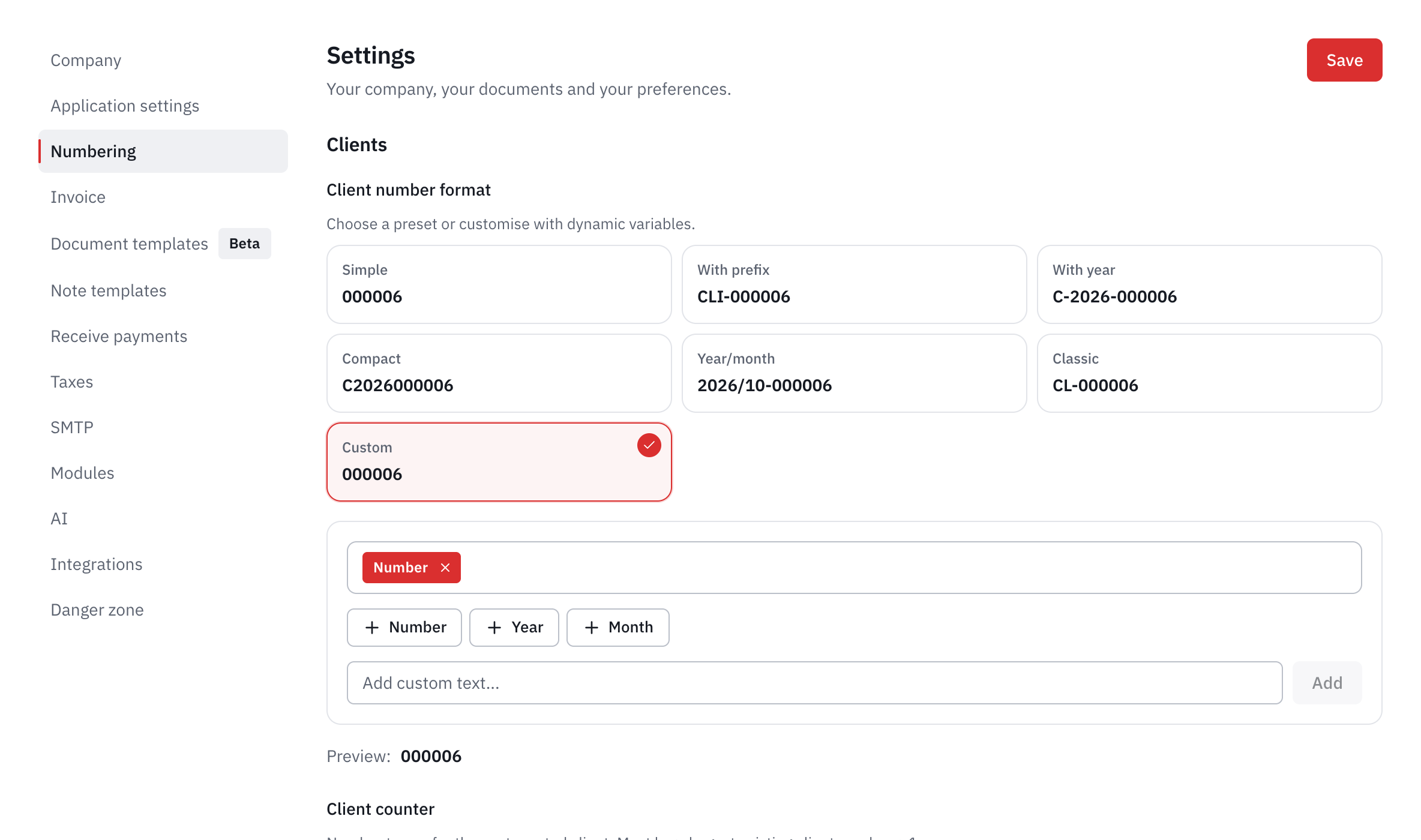 The custom format editor: the elements of the format, the variable buttons and the text field.